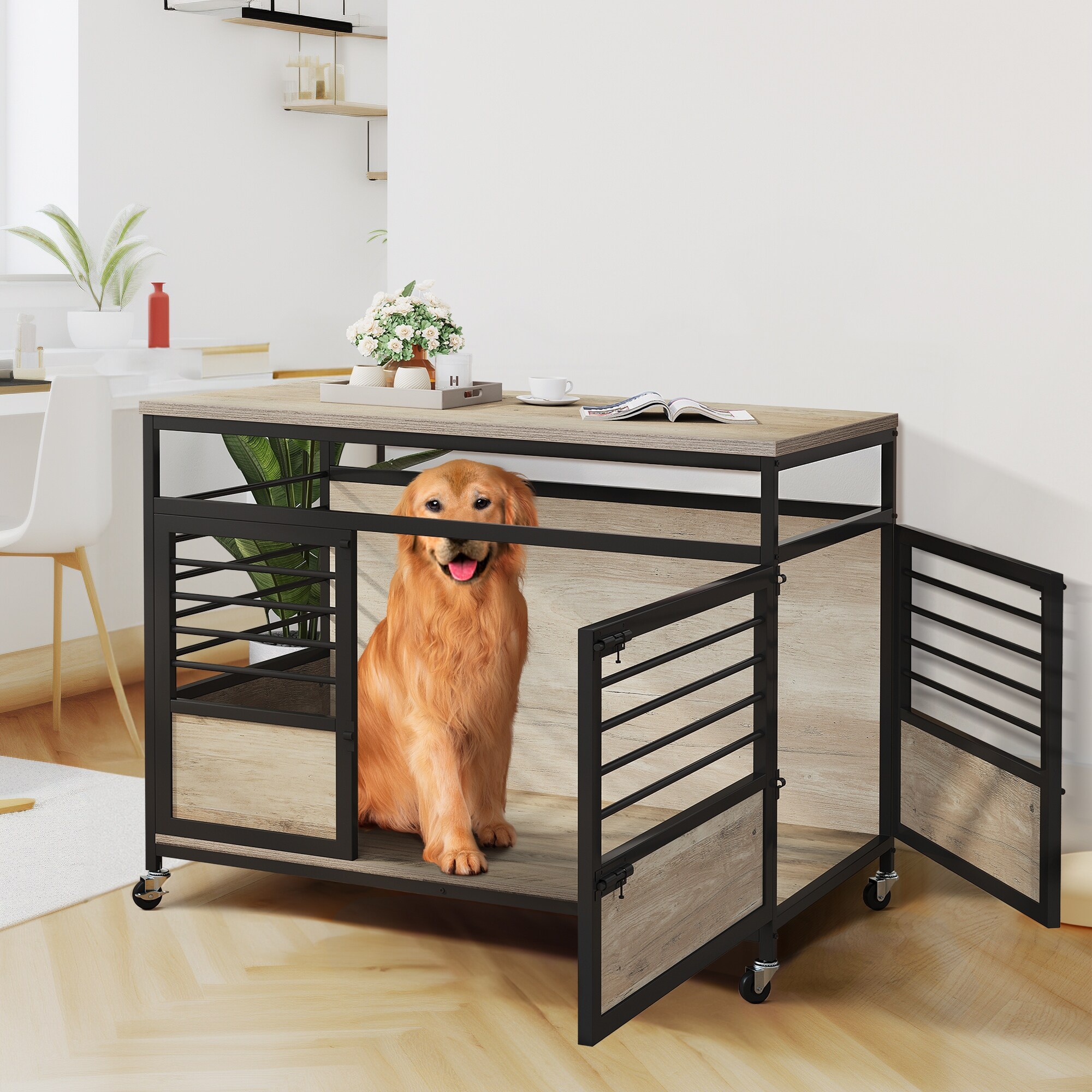 WedealFu Inc Moasis Pet Dog Crate Furniture with Lockable Door and Wheels 39.4 in. W X 23.6 in. D X 30.1 in. H