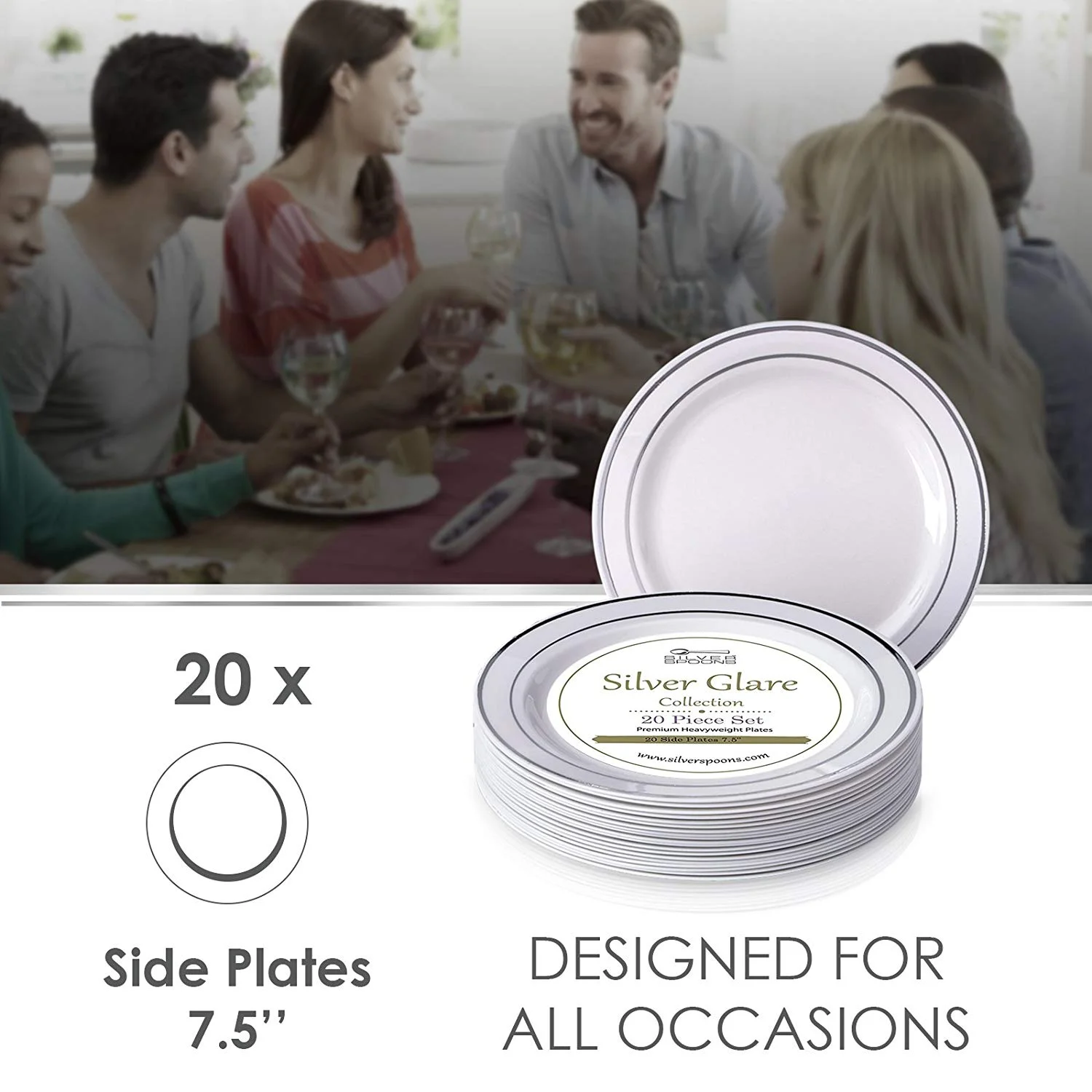 DISPOSABLE DINNERWARE SET, 20 Side Plates | Silver Glare (7.5