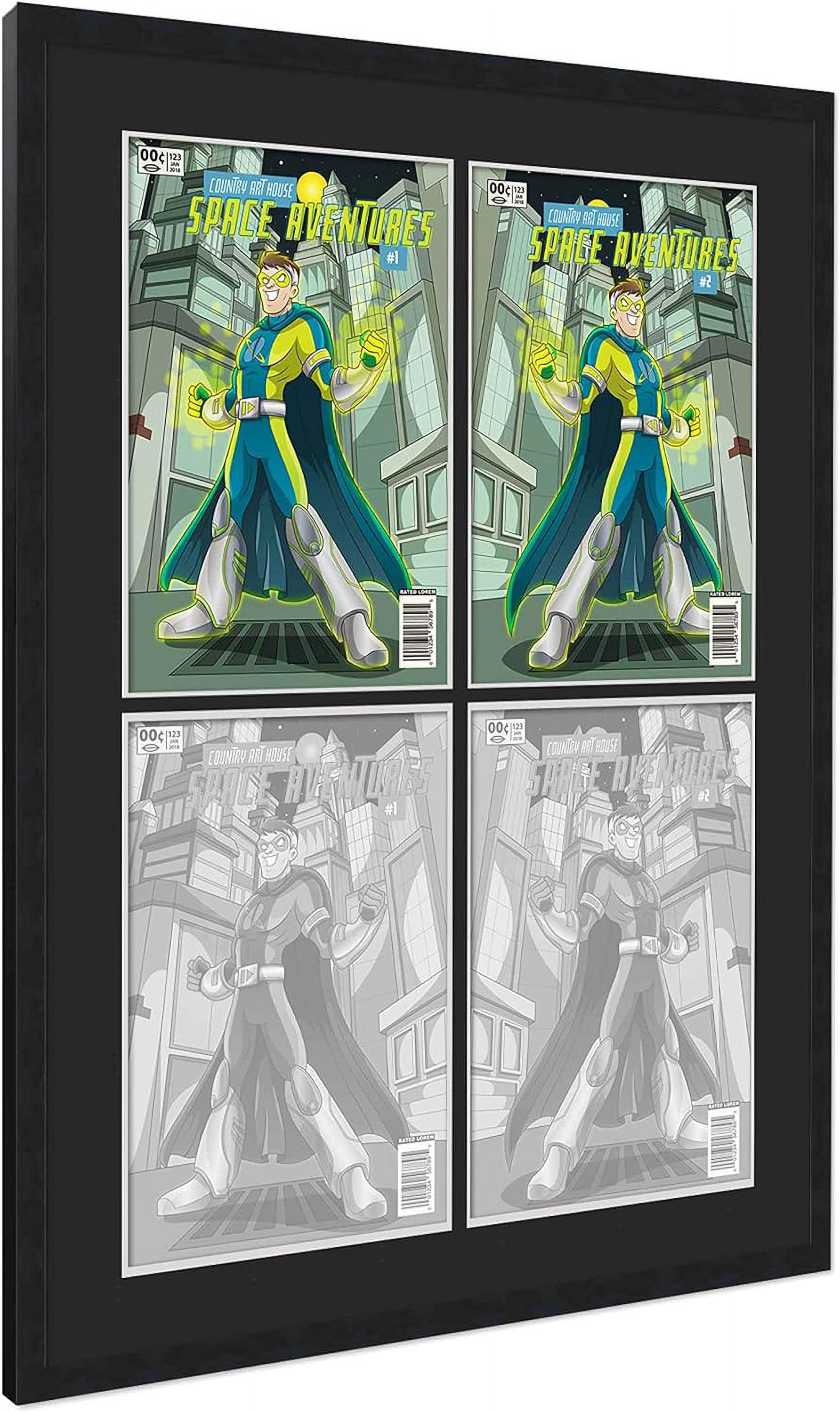 Comic Book Frame Black Matted | For Comics Published Between 1986 And Present Day (Silver Age Comic Frame) | Made To Showcase 4 Comics Under UV With Acid  Black Matting | Grid Display