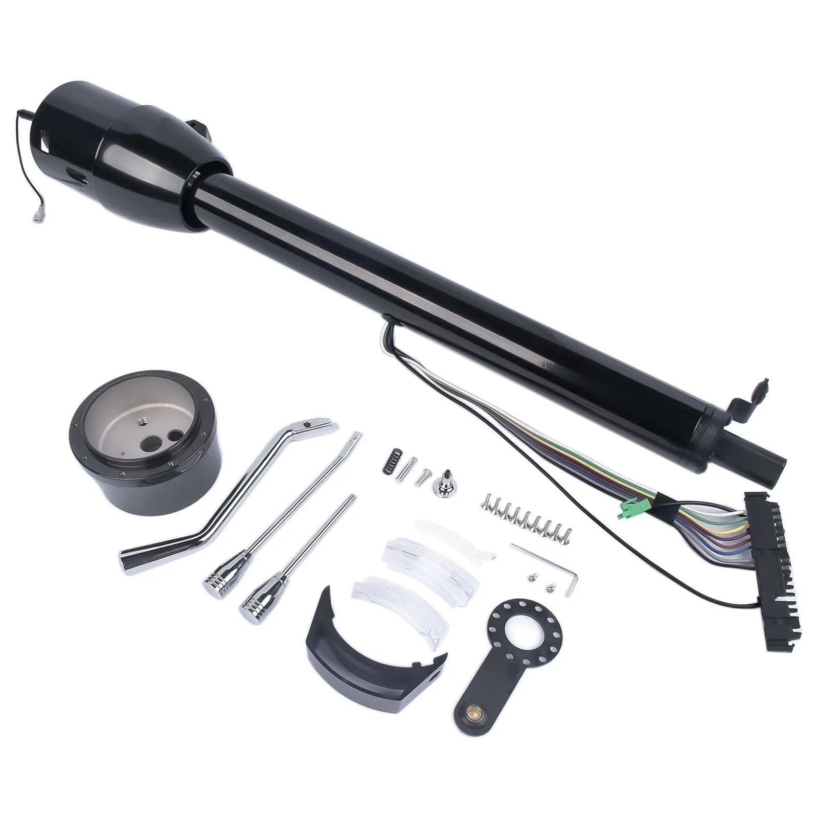 28 Inch Polish Stainless Steel Floor Shift Steering Column with 9 Hole Wheel Adapter Switch Automatic No Key Black