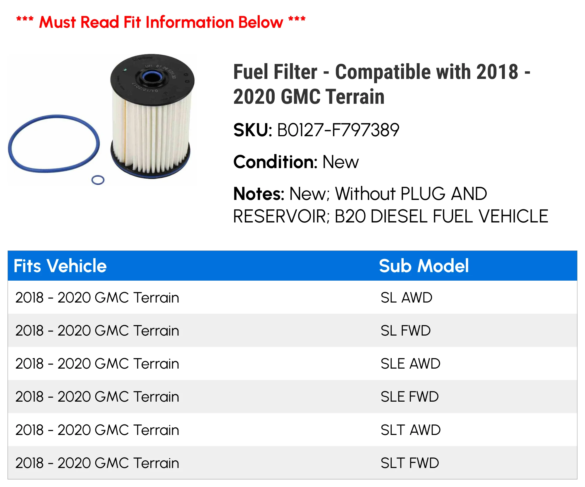 Fuel Filter - Compatible with 2018 - 2020 GMC Terrain 2019