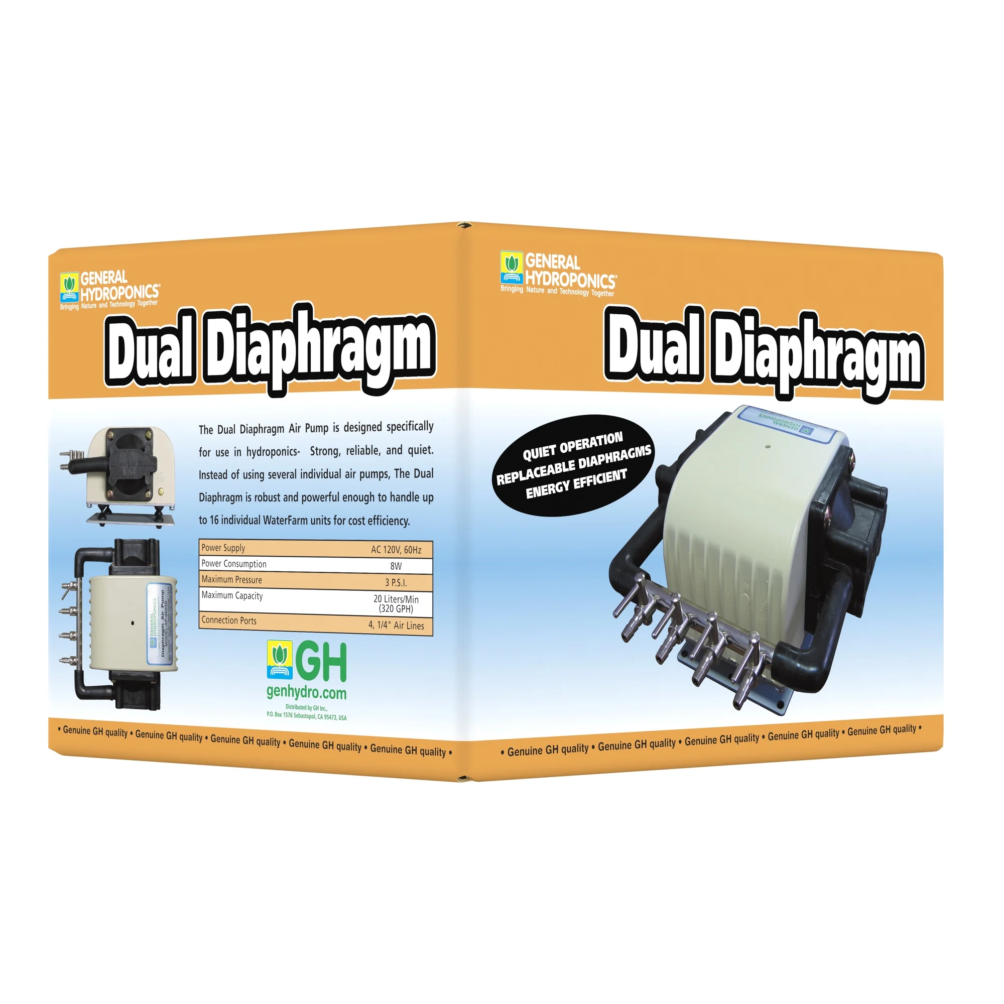 General Hydroponics Dual Diaphragm Air Pump 320 GPH 4 Outlet