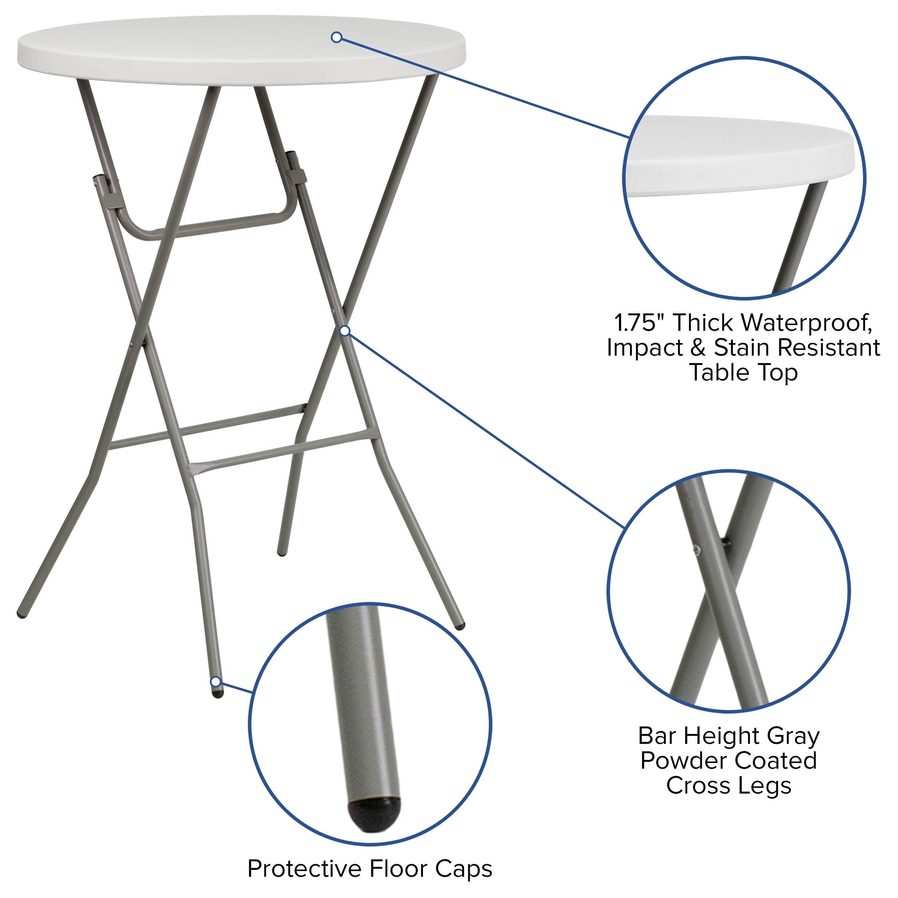 BizChair 2.63-Foot Round Granite White Plastic Bar Height Folding Table