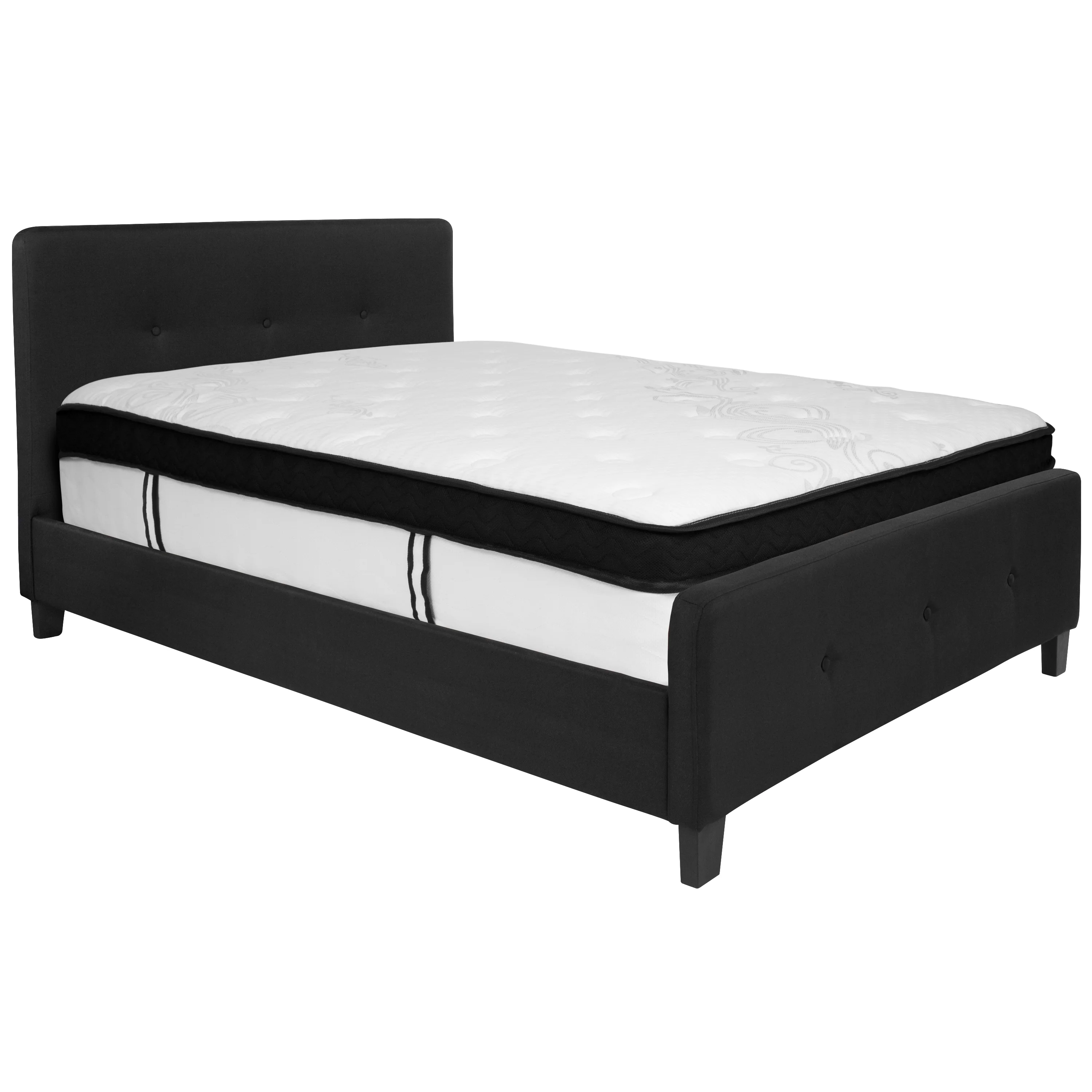 BizChair Full Size Three Button Tufted Upholstered Platform Bed in Black Fabric with Mattress