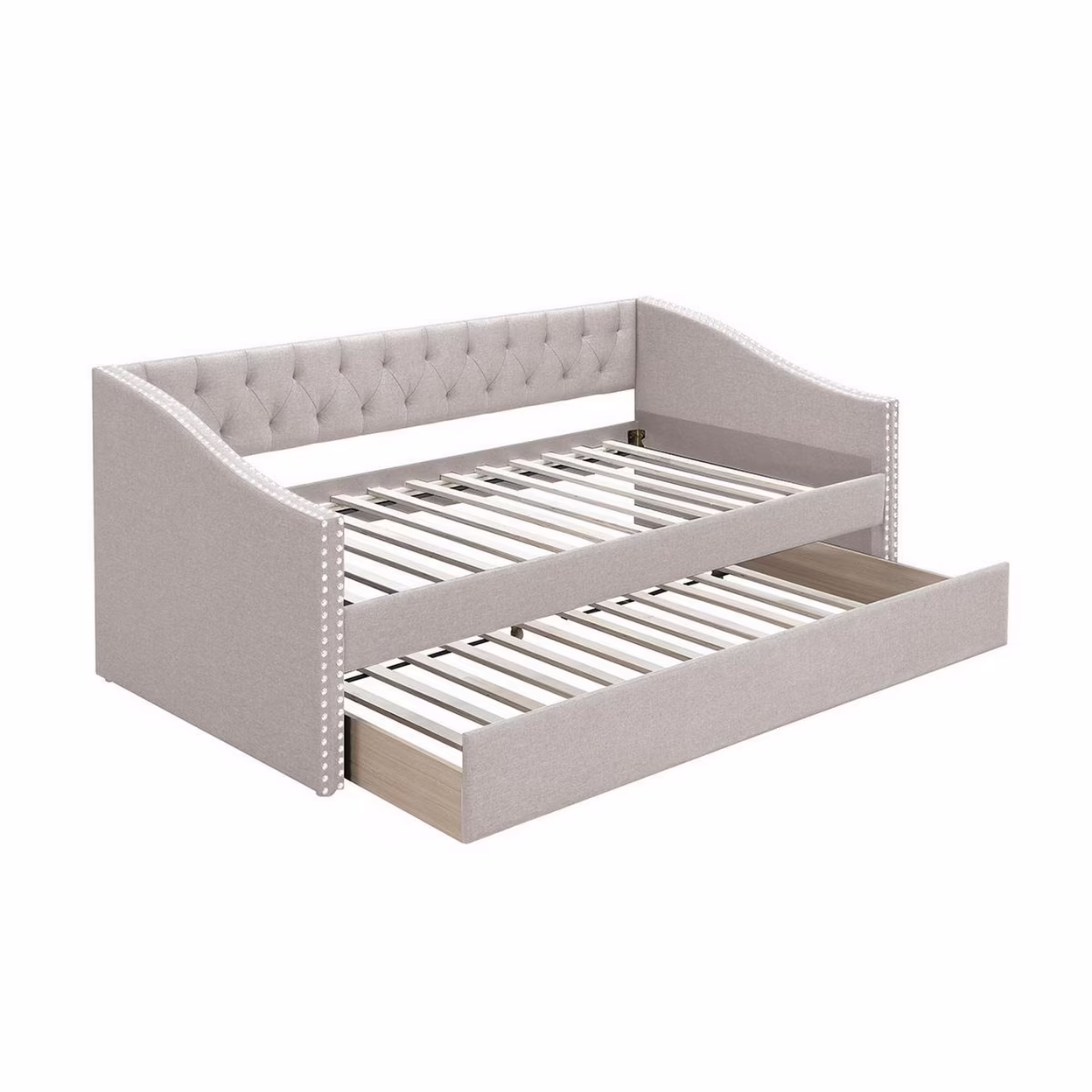 Ann Modern Wood Day Bed with Trundle, Straight Tufted Back, Taupe Burlap- Saltoro Sherpi