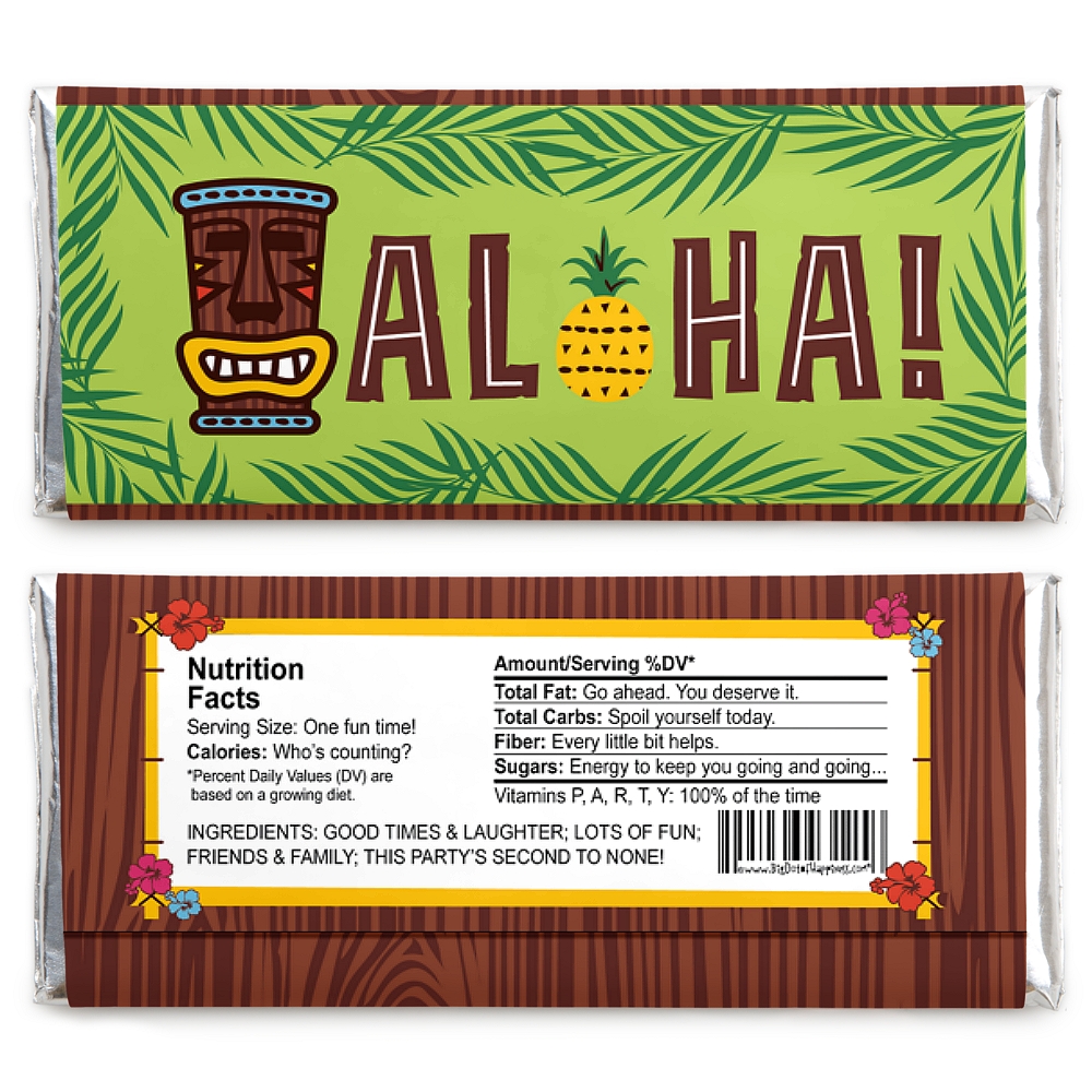 Big Dot of Happiness Tiki Luau - Candy Bar Wrapper Tropical Hawaiian Summer Party Favors - Set of 24