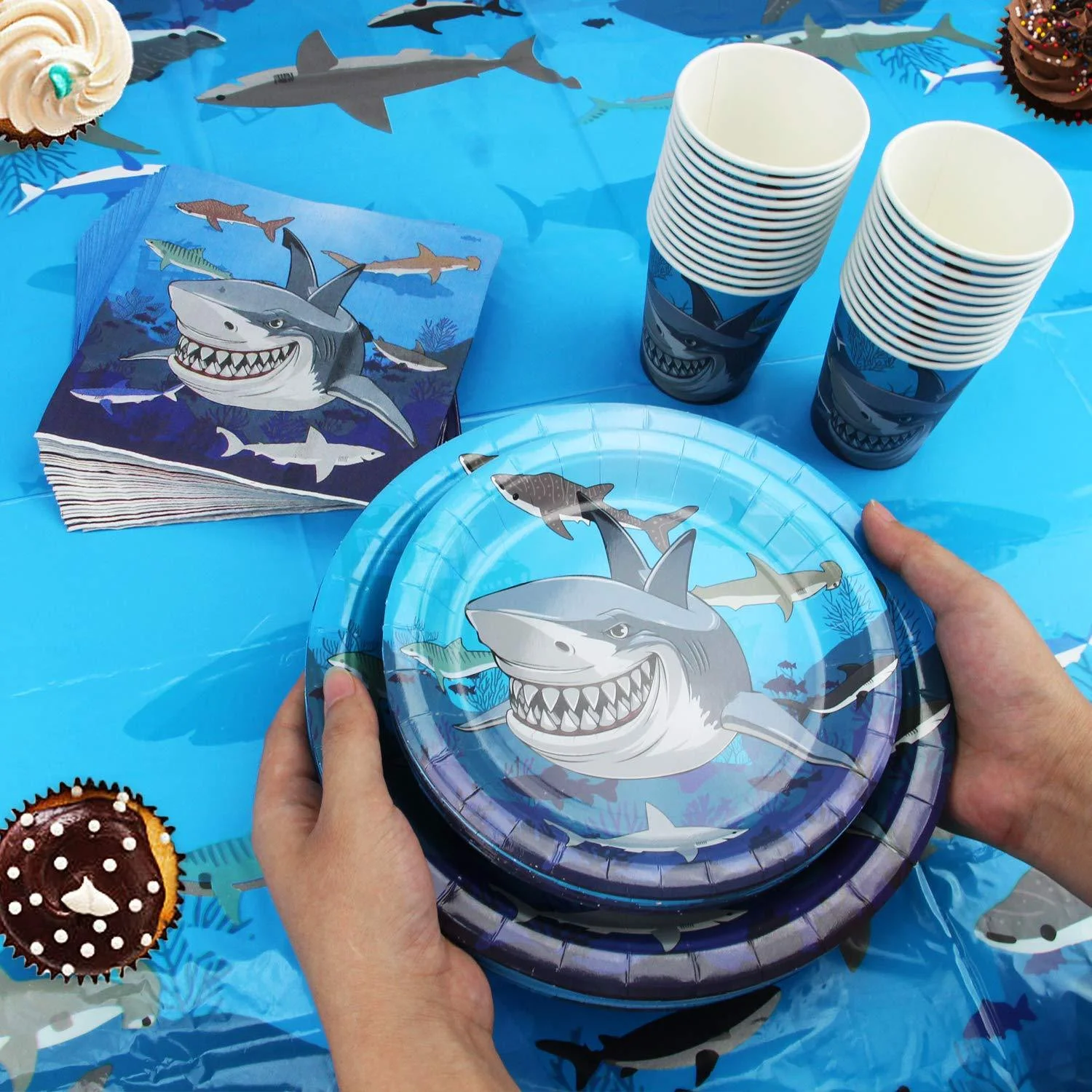 177 Piece Shark Party Supplies Set Including Banner, Plates, Cups, Napkins, Tablecloth, Spoon, Forks, and Knives, Serves 25