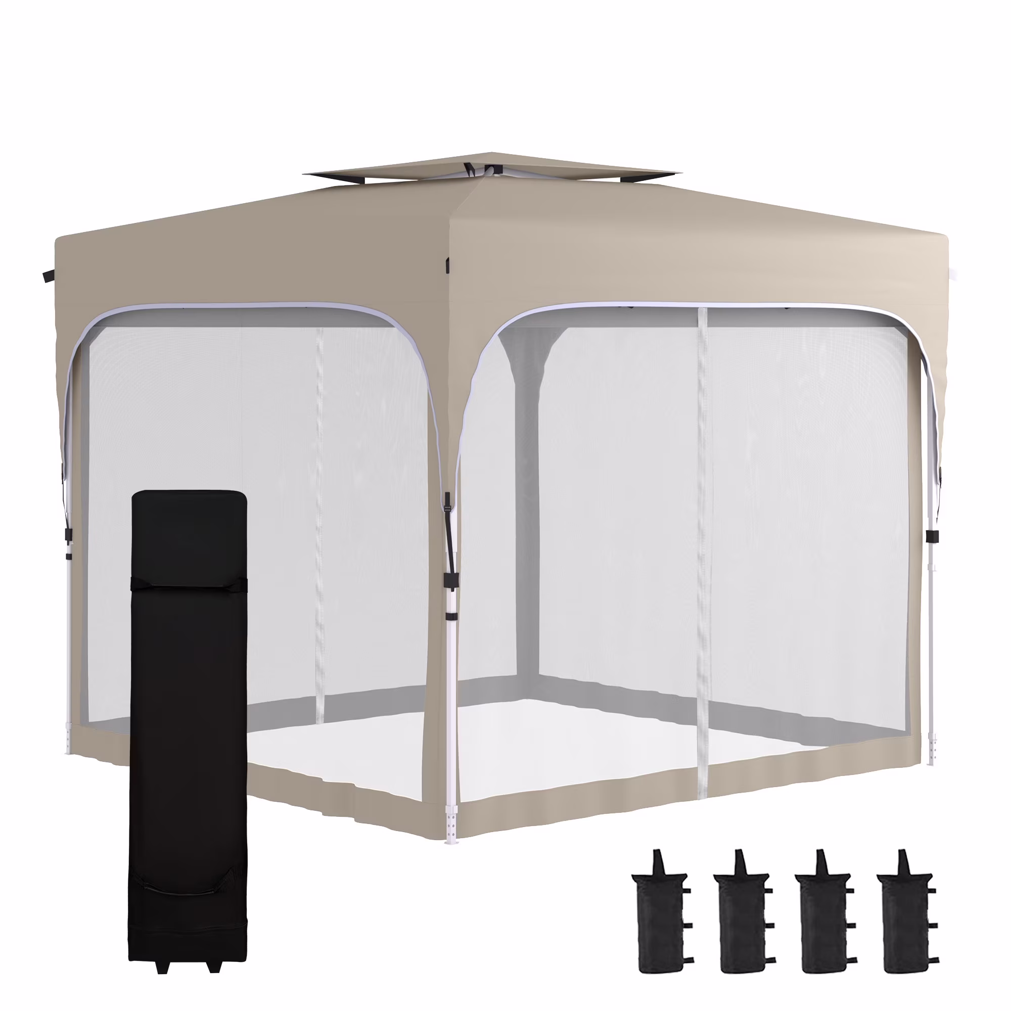 Outsunny 10' x 10' Pop Up Canopy Tent with Netting, Instant Gazebo Shelter, Height Adjustable, with Carry Bag and 4 Sand Bags, 100 Square Feet of Shade, Khaki