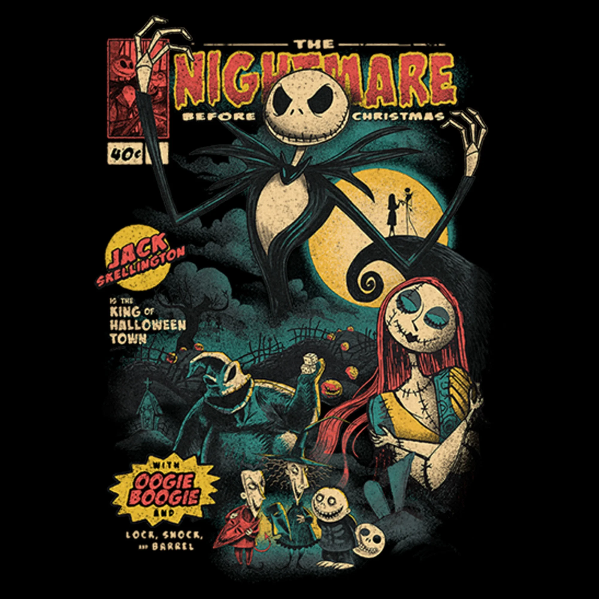 Women's The Nightmare Before Christmas Jack and Sally Comic Cover  Graphic Tee Black Small