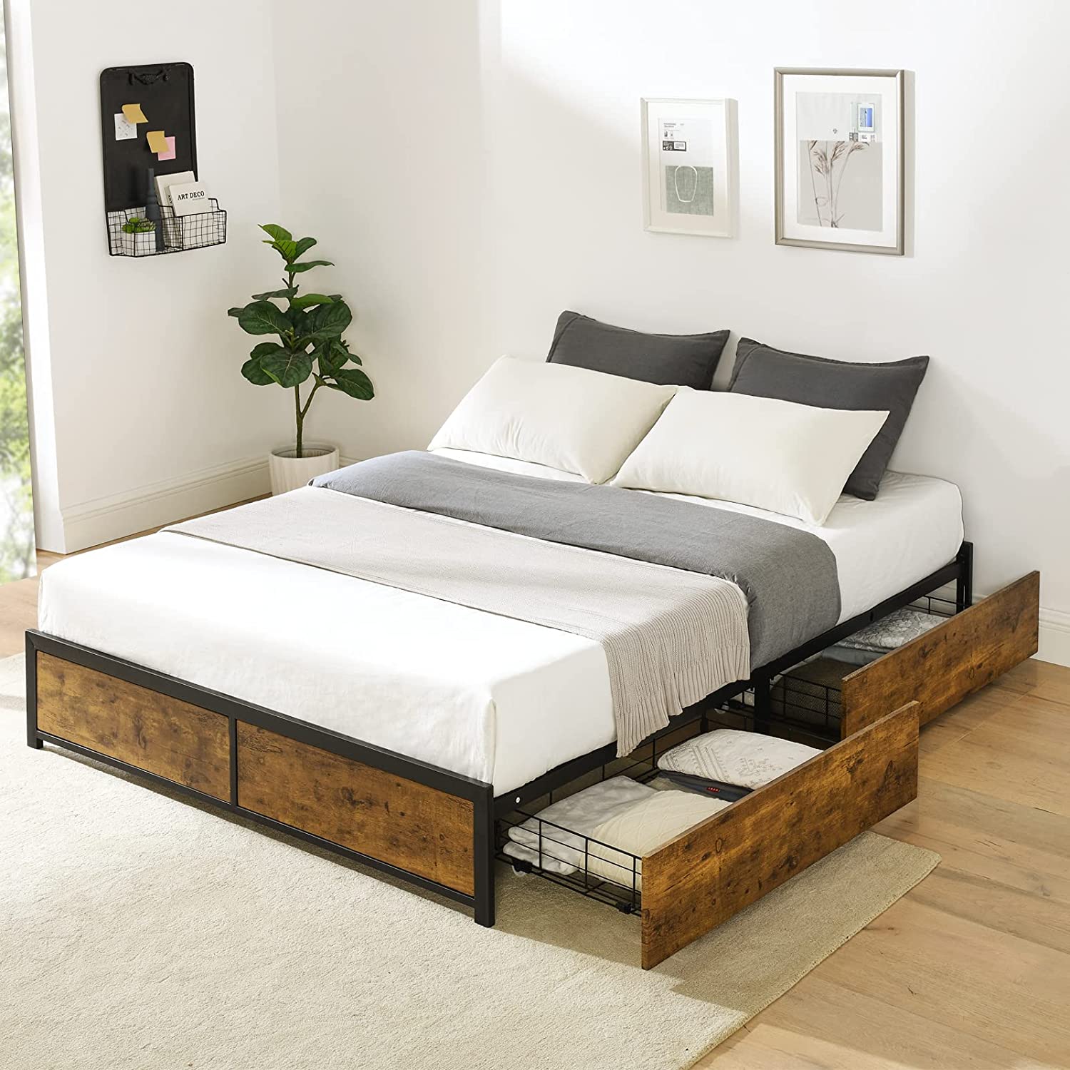 Bed Frame with 4 Storage Drawers  Metal Platform Bed Frame King with Double-Row Support Bars and 13 Strong Steel Slats  Noise Free No Box Spring Needed Easy Assembly
