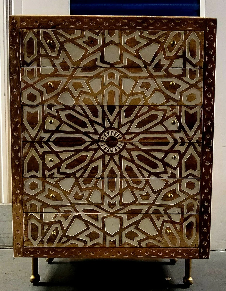 Mughal Garden Geometrical Carved Natural 2 Tone 6 Drawer Chest