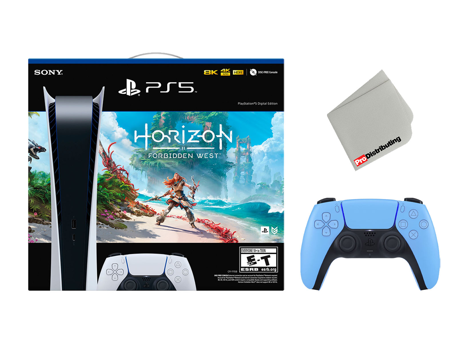 Sony Playstation 5 Digital Edition Horizon Forbidden West Bundle with Extra Blue Controller and Microfiber Cleaning Cloth