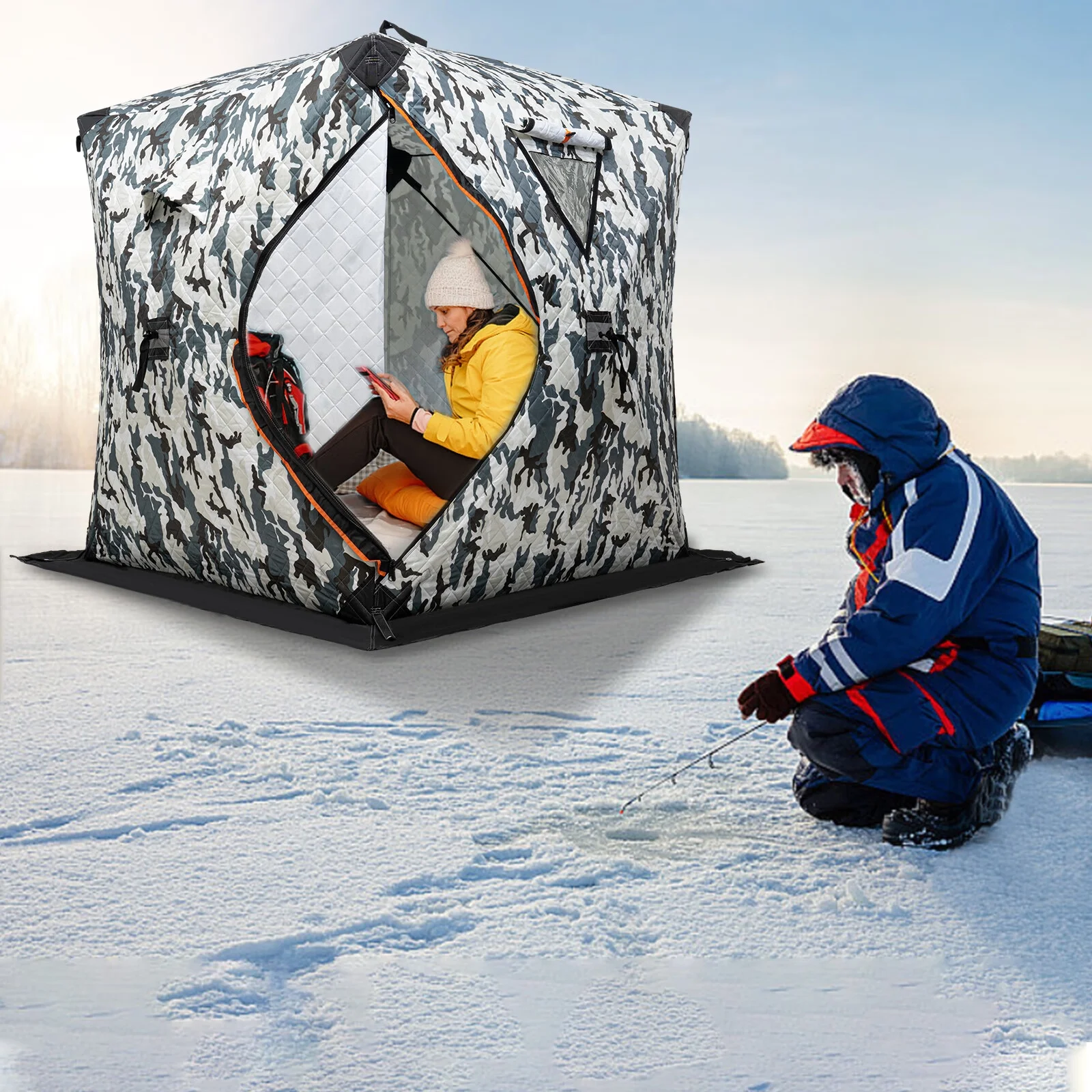 Aiqidi Portable 2 Person Ice Fishing Tent Insulated Ice Shelter Outdoor Thermal Ice Fishing Shanty House with Handbag, Camouflage