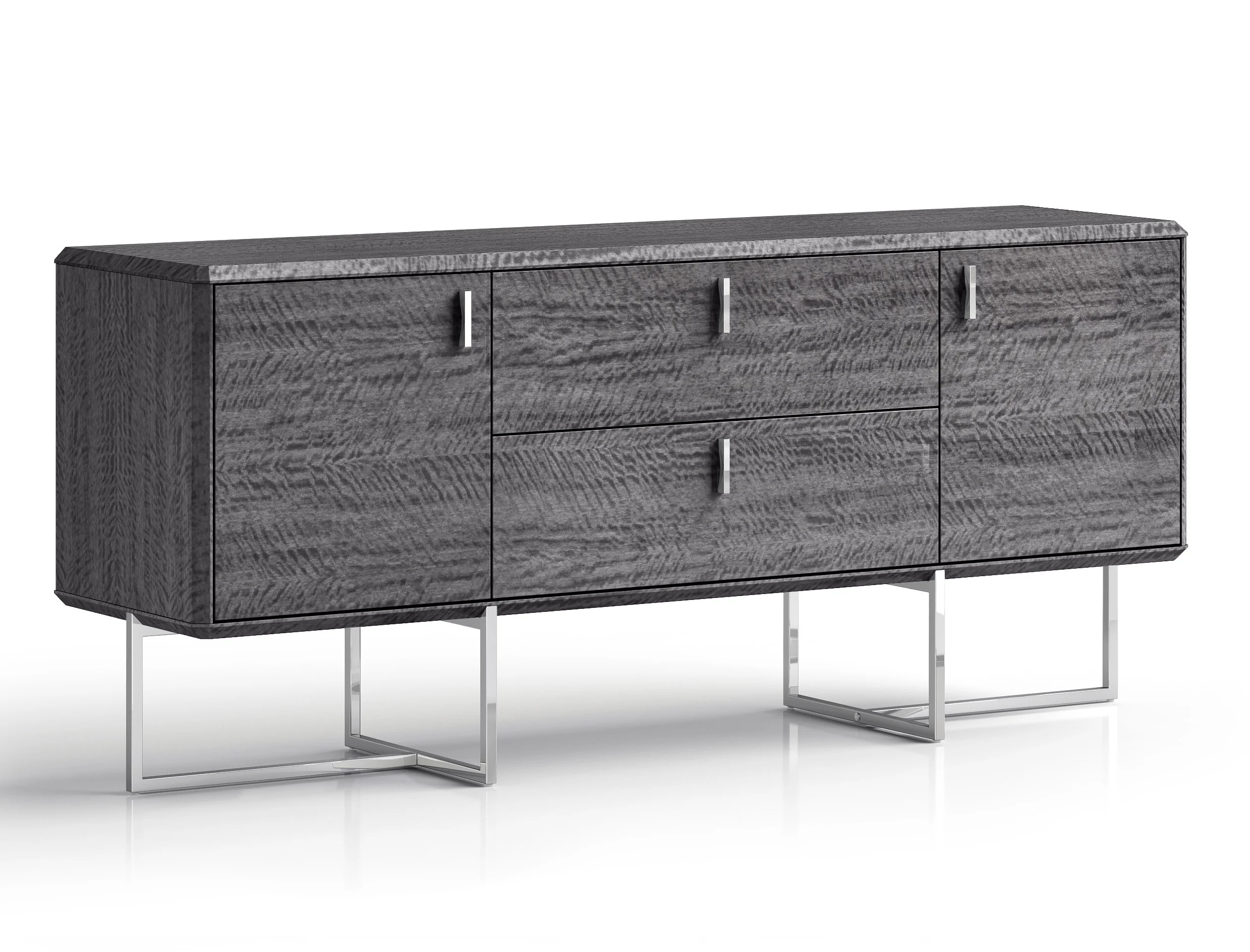 Chloe Dresser, High Gloss Grey, Two Self-Closing Drawers, Two Self-Closing Cabinets, Polished Stainless Steel Legs