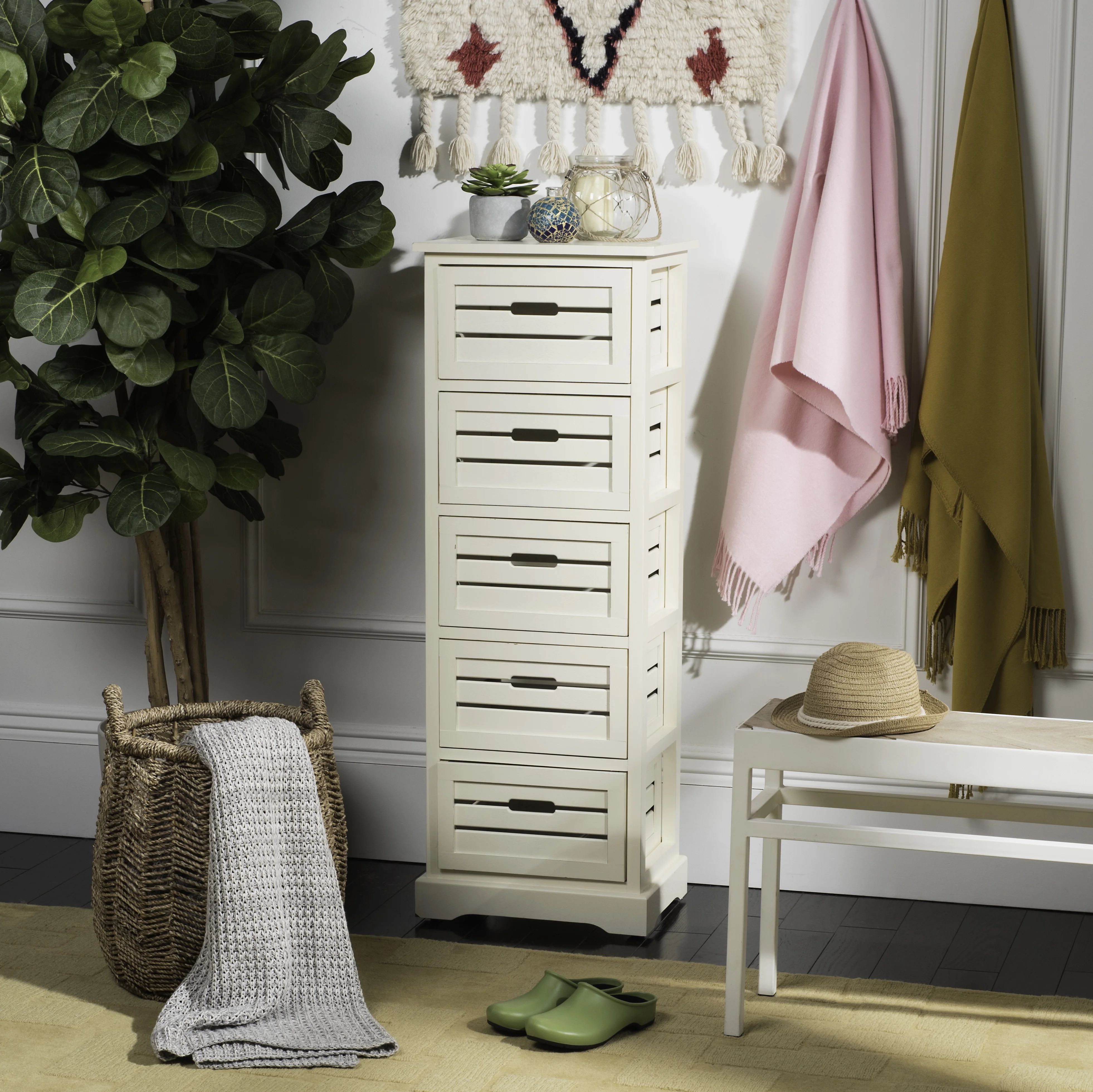 SAFAVIEH Sarina Solid Rustic 5 Drawer Cabinet, Distressed Cream (16.5 in. W x 12.6 in. D x 46.5 in. H)