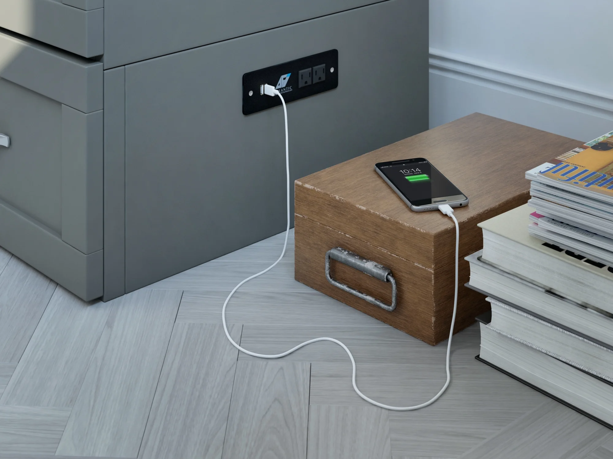 AFI Hamilton Twin XL Solid Wood Murphy Bed Chest with Mattress, Drawer and Charger, Grey