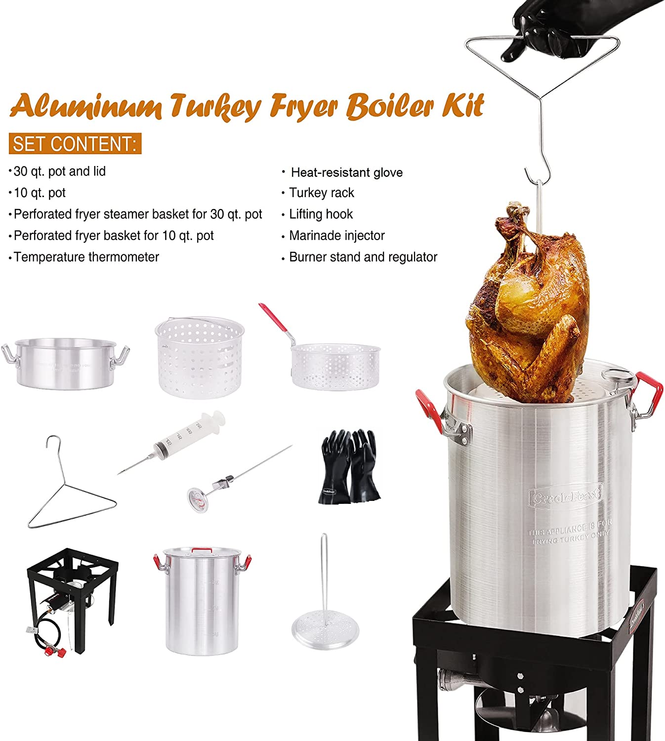 TFK-TG-3001 30 10 Qt. Fish & 30101 36-in Wooden Stir Crawfish Boil Pot Home Brew Paddle, Beige