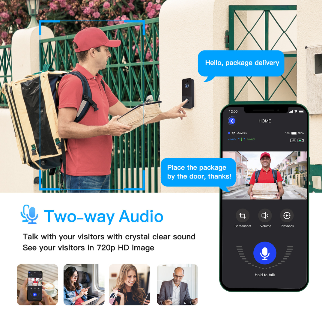 Doorbell Camera Wireless, Wi-Fi Video Doorbell Camera with Human Detection, Indoor Chime Included, Cloud Storage, 2-Way Audio, Real-Time Alerts, Night Vision, Battery Powered, Easy Installation