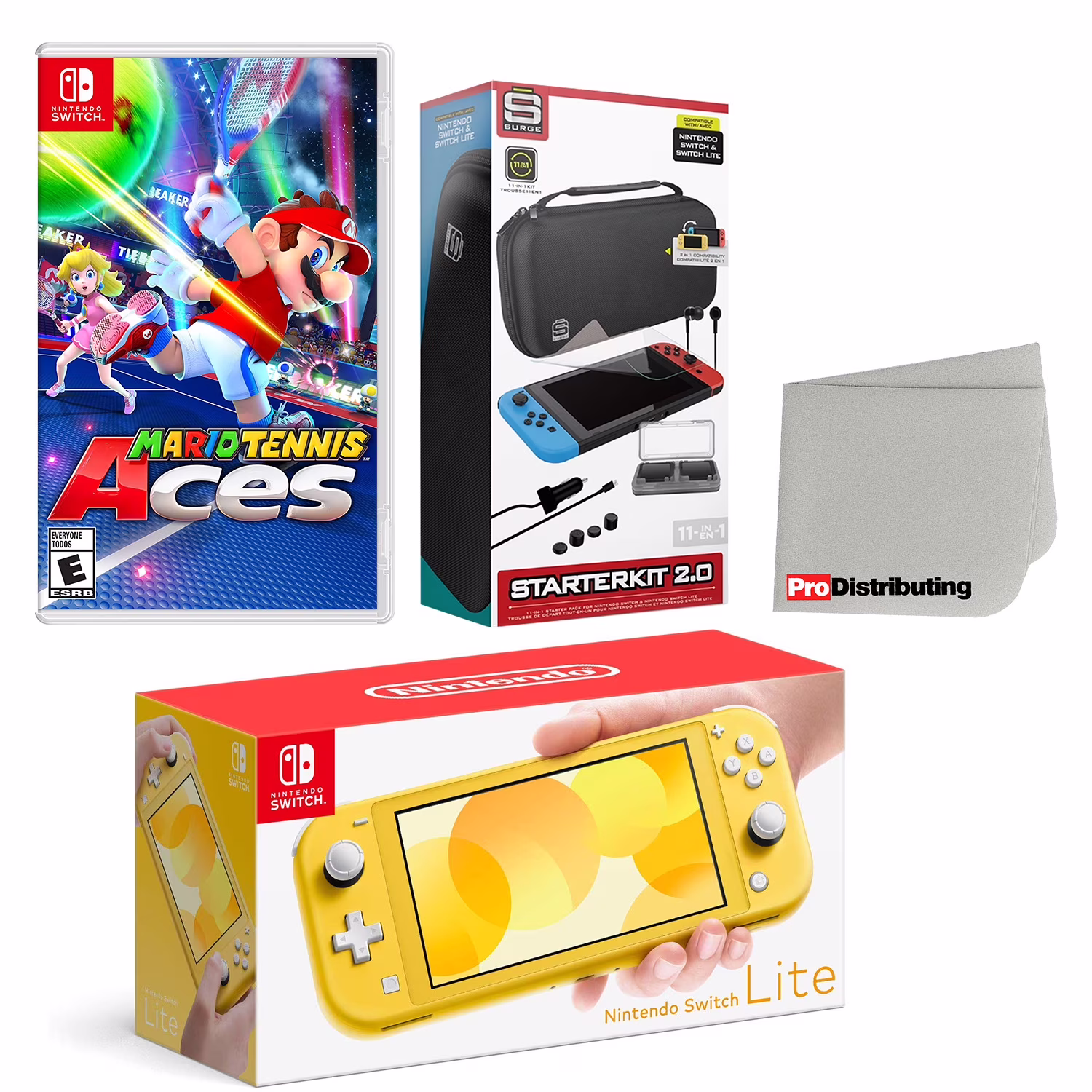 Nintendo Switch Lite Console Yellow with Mario Tennis Aces, Accessory Starter Kit and Screen Cleaning Cloth Bundle