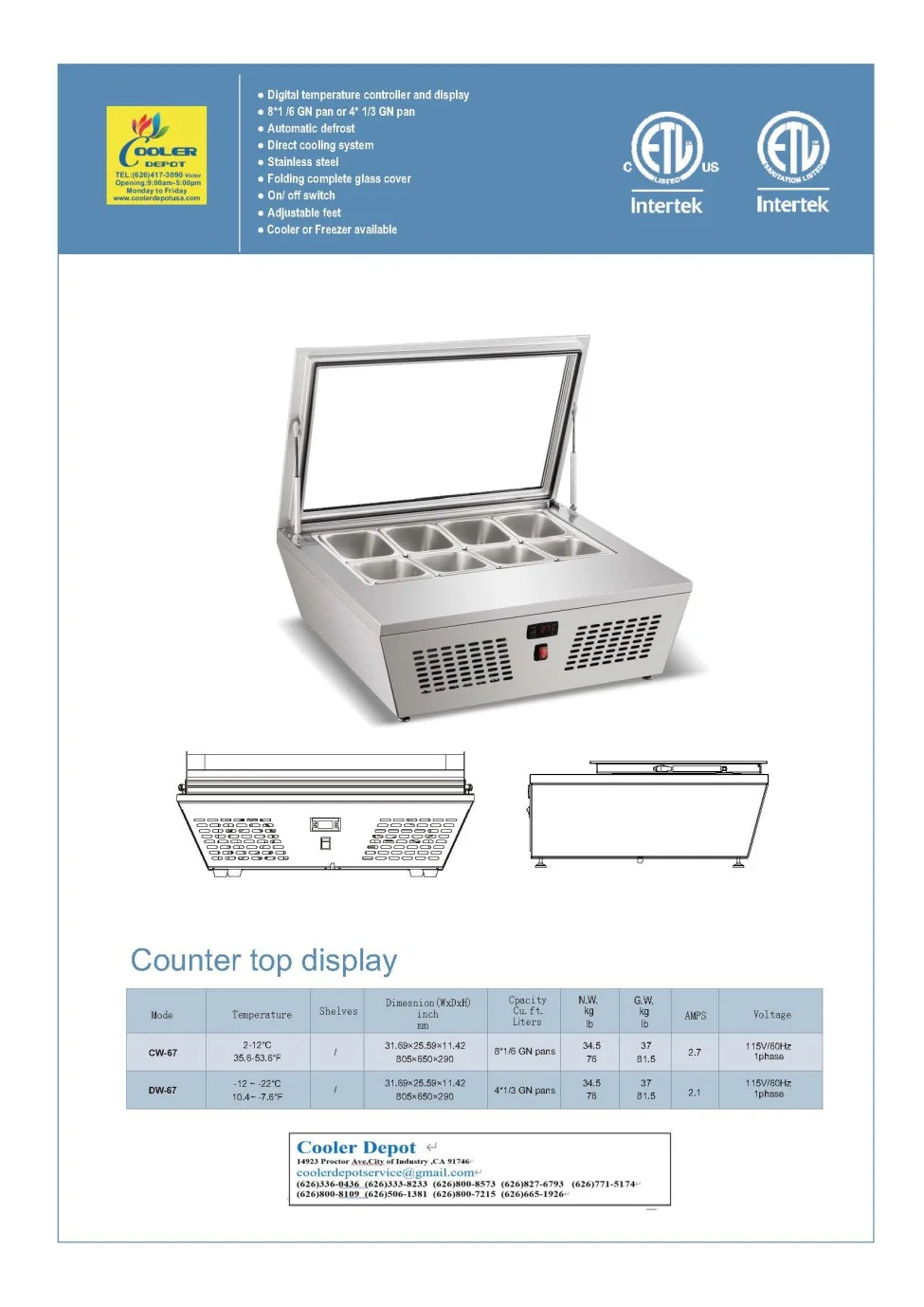 32 inches Counter top Sandwich Prep Table CW-67 NSF