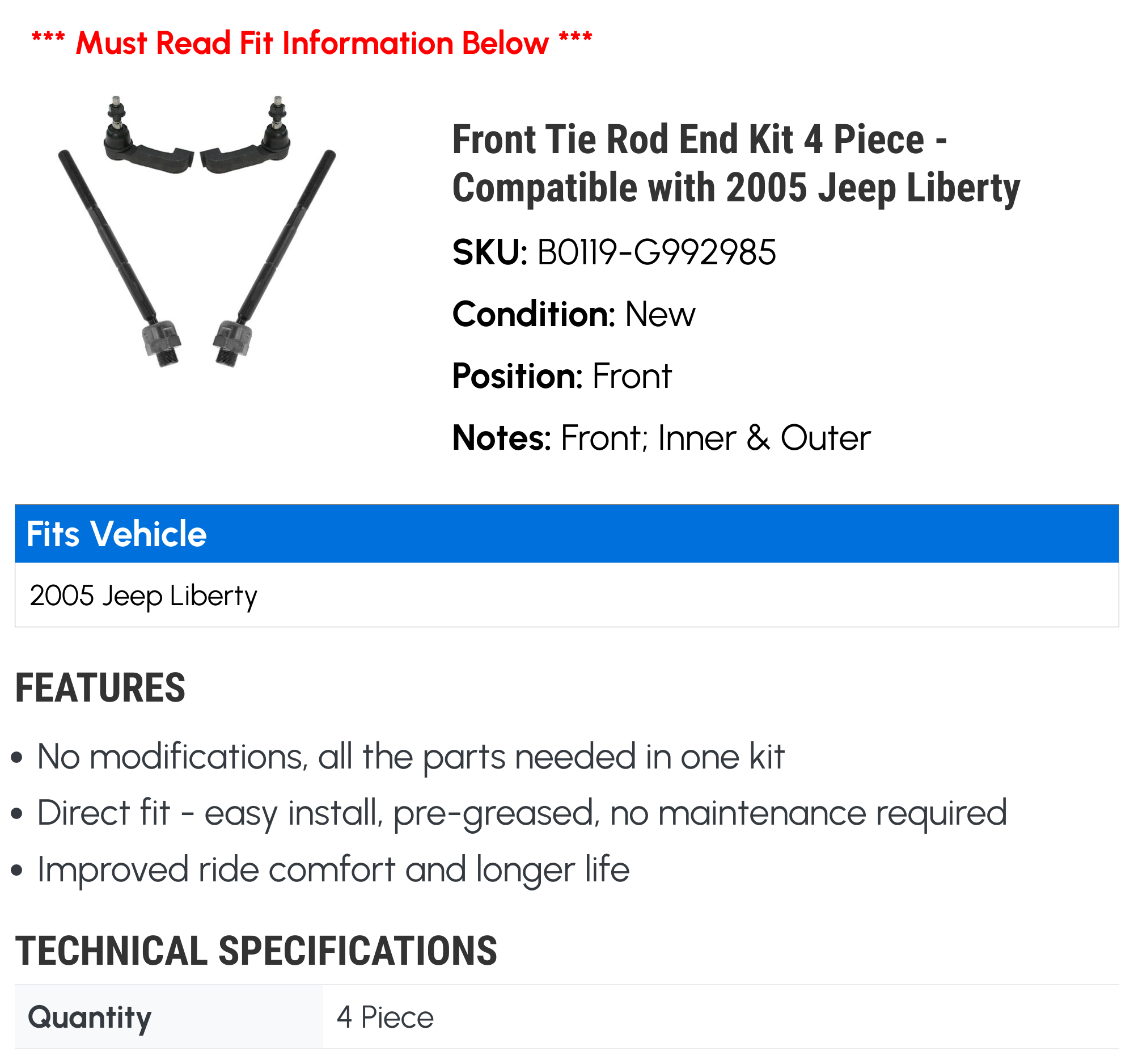 Front Tie Rod End Kit 4 Piece - Compatible with 2005 Jeep Liberty