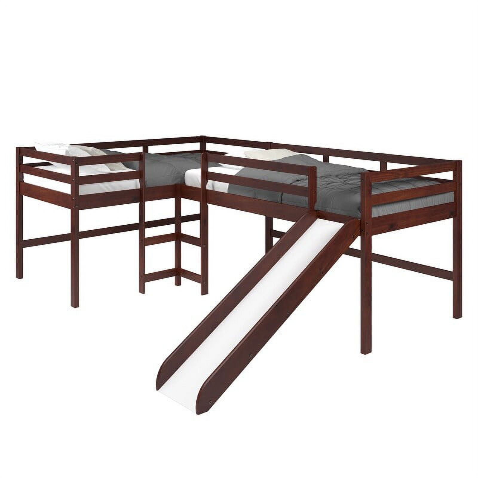 Double Twin L-Shaped Slide Loft with Optional Tent Brown Standalone