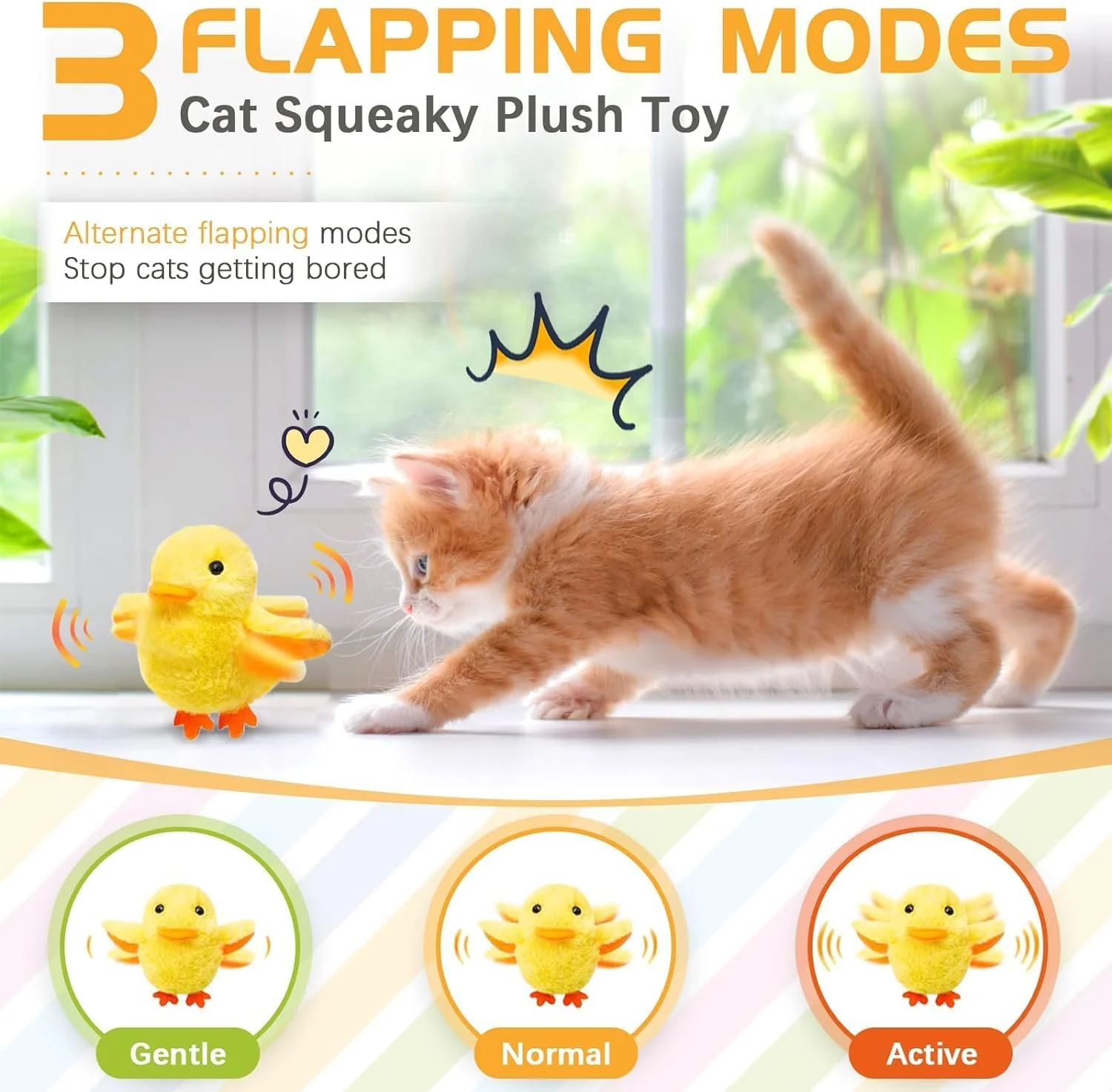 Cat Toys Rechargeable Flapping Duck, Lifelike Quacking Sound, Touch Activated Kitten Plush Toy Interactive Cat Exercise Toys for All Cat Kicker Catnip Toys 4.0 Inches