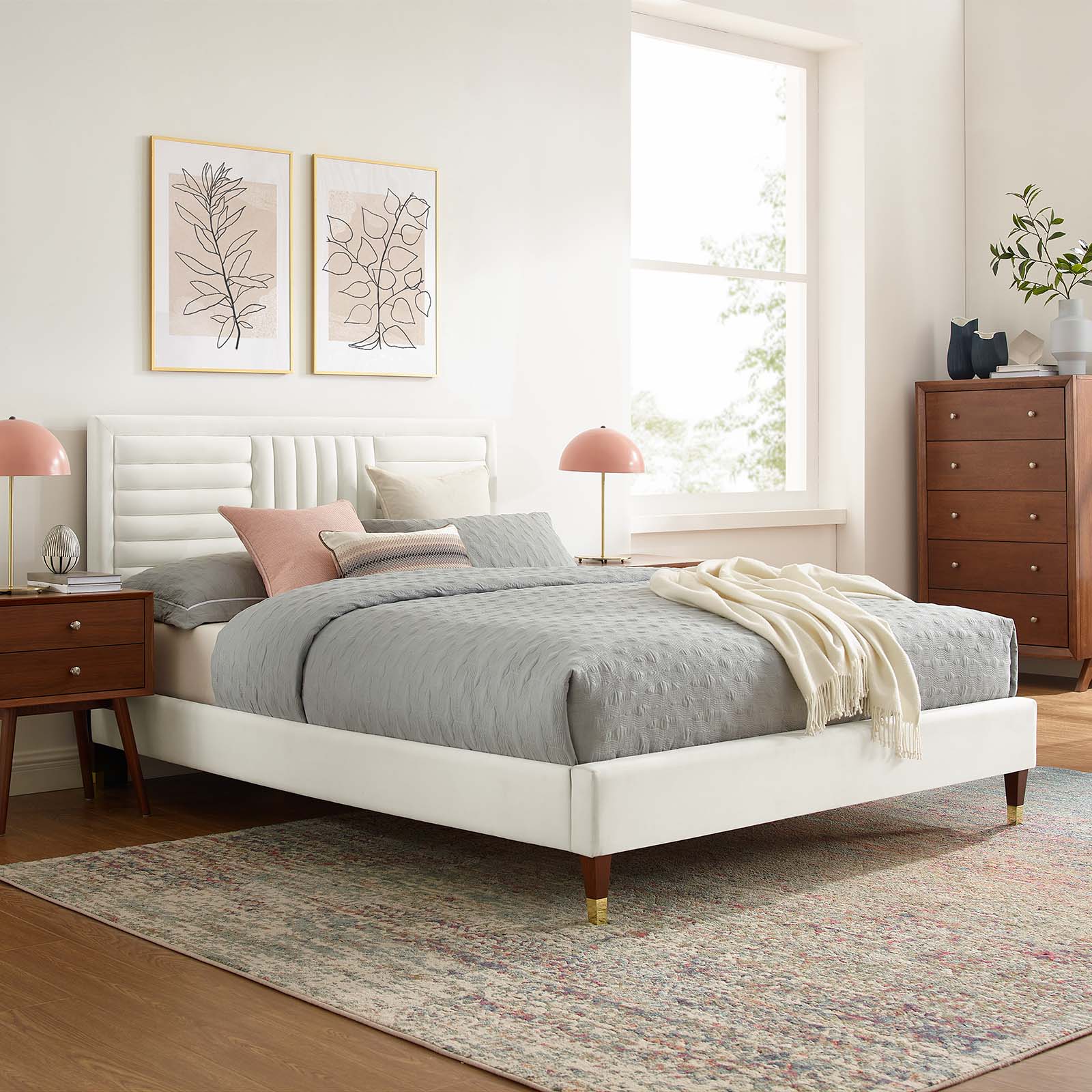 Modway Sofia Channel Tufted Performance Velvet Full Platform Bed in White