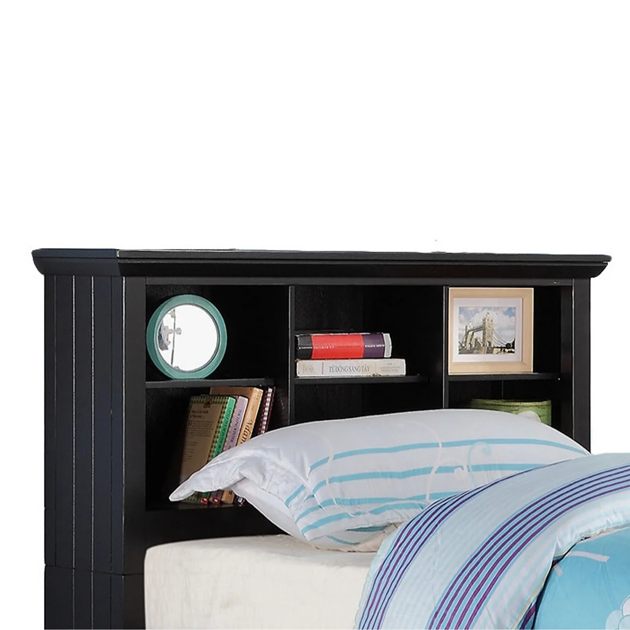 Toni Twin Size Trundle Bed with 6 Drawers Bookcase Headboard Black Wood- Saltoro Sherpi