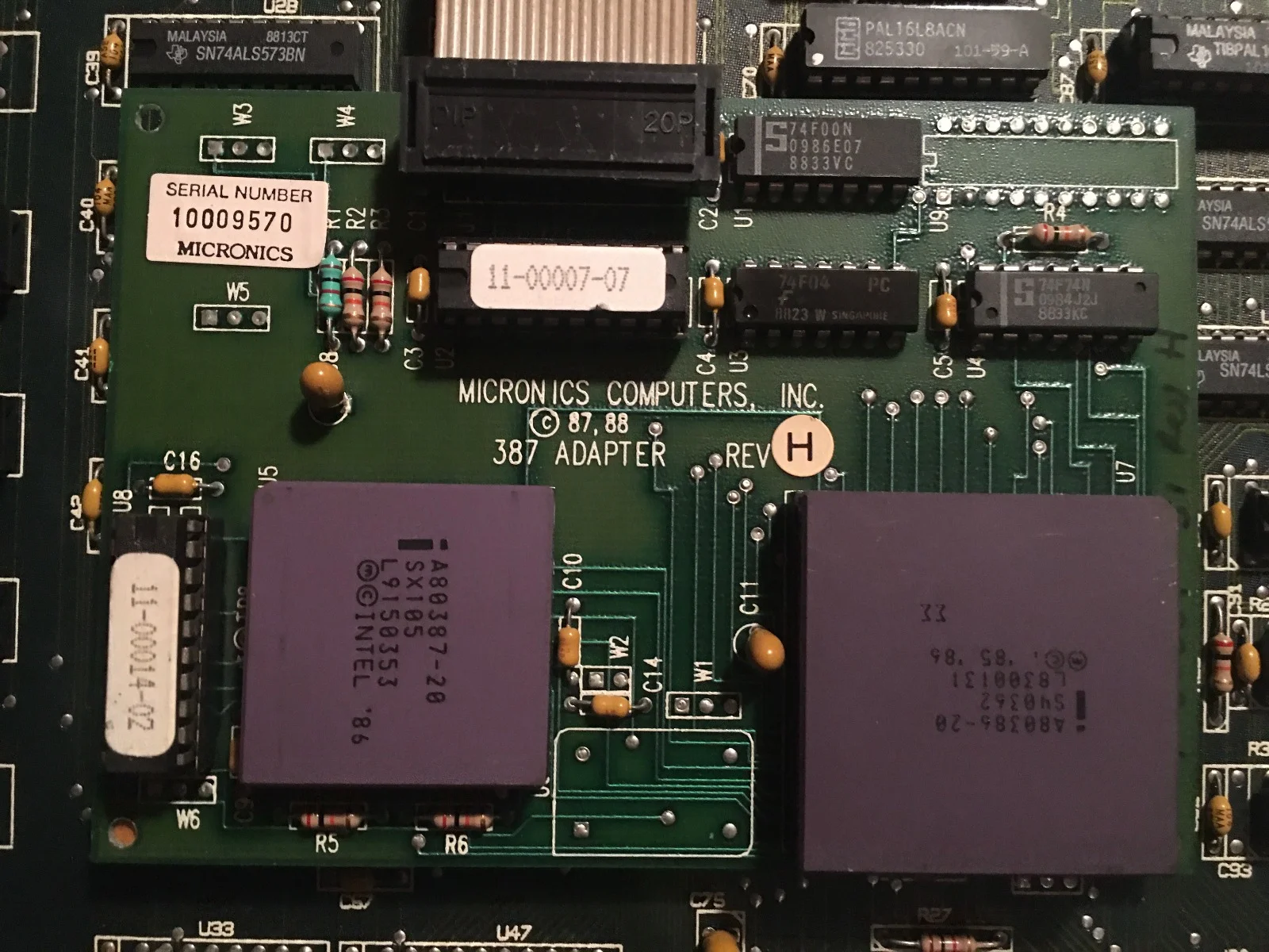 MICRONICS MOTHERBOARD 08-002-201 REV H, 20MHZ, W CPU 386-20, MATH CO 387-20,  RARE, MICRONICS RAM BOARD 08-001-201 REV B FOR MOTHERBOARD 08-002-201, 47-0019-00