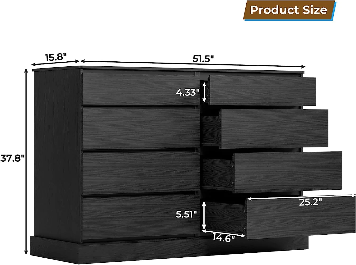 Black Double Dresser with 8 Drawers for Bedroom, Wide Chest of Drawers Storage Cabinet for Living Room