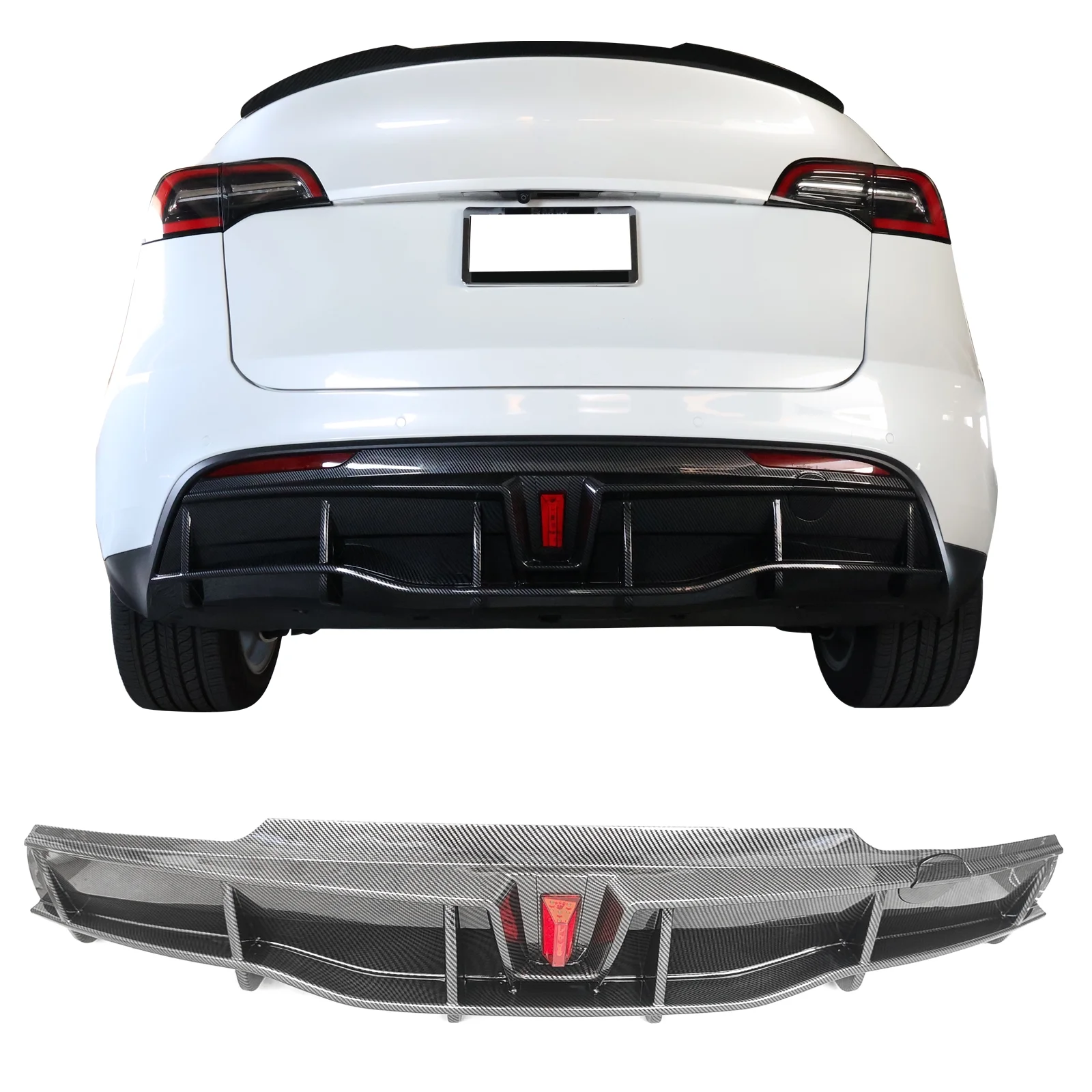 Ikon Motorsports Rear Diffuser Lip Compatible With 2020-2023 Tesla Model Y Sport 4-Door Carbon Fiber Print IKON Style PP Rear Lower Bumper Protector Lip With LED Lamp
