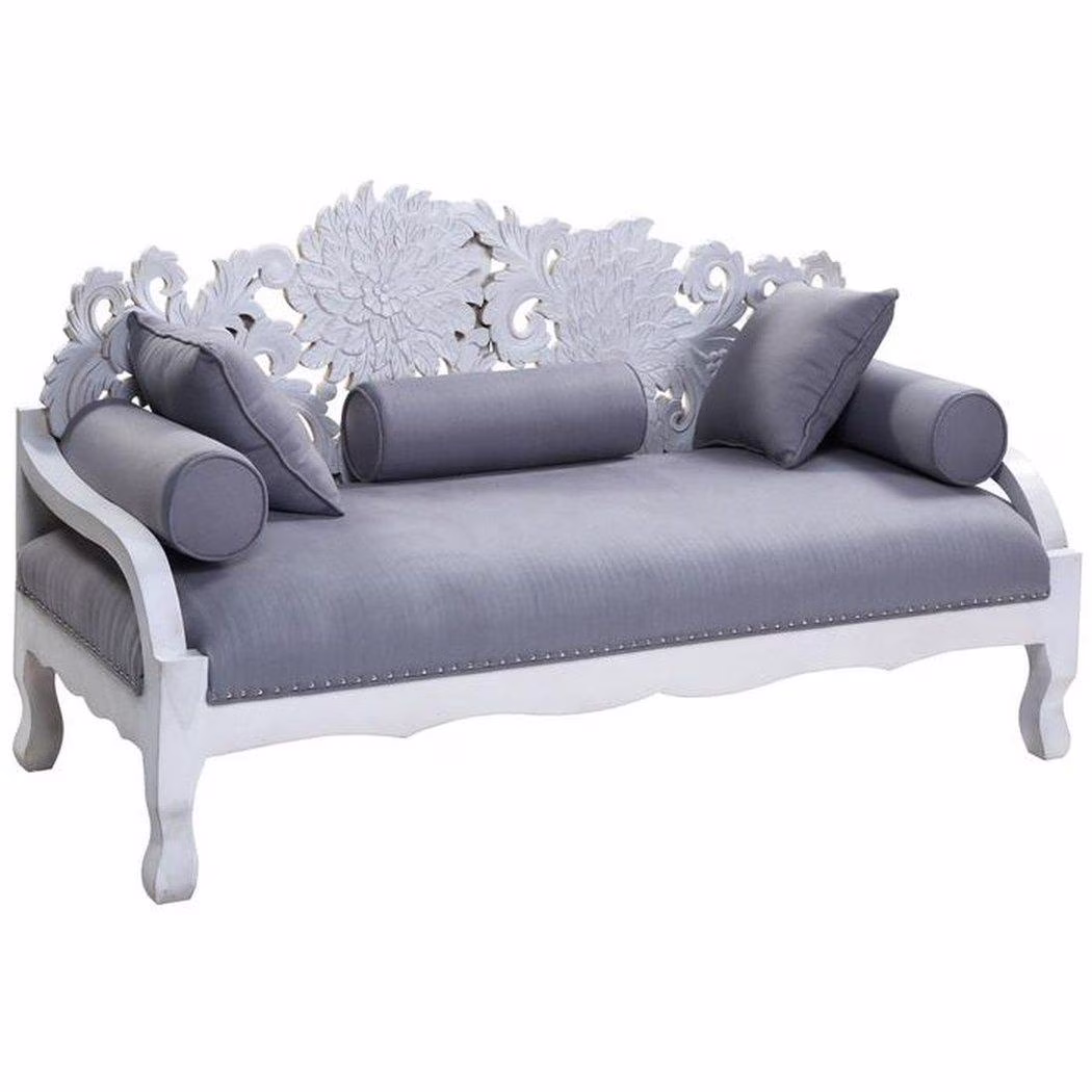 Hand Carved White Wash Lace Lotus Daybed Sofa with Throw Pillows