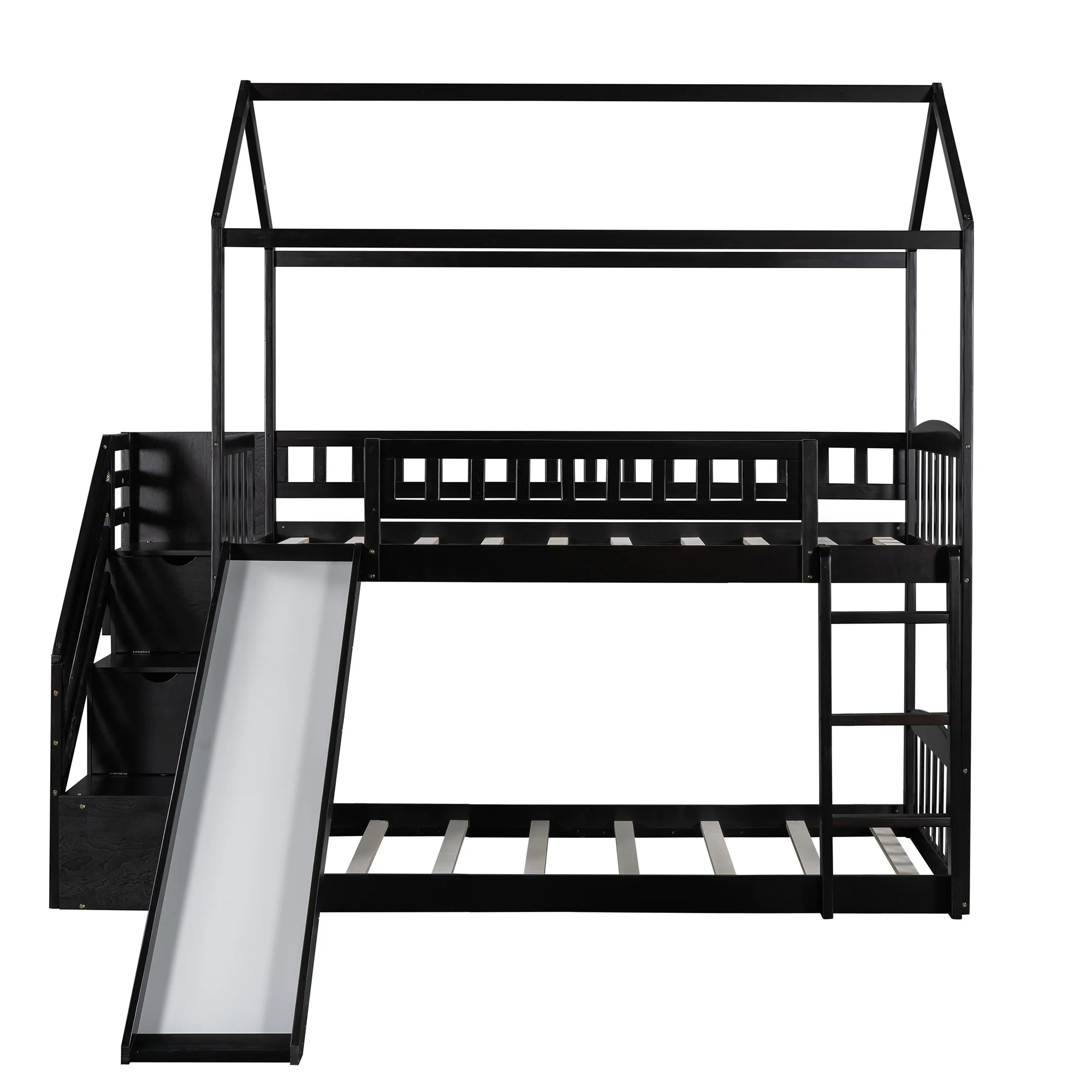 Espresso Twin Over Twin House Bunk Bed with Two Drawers and Slide