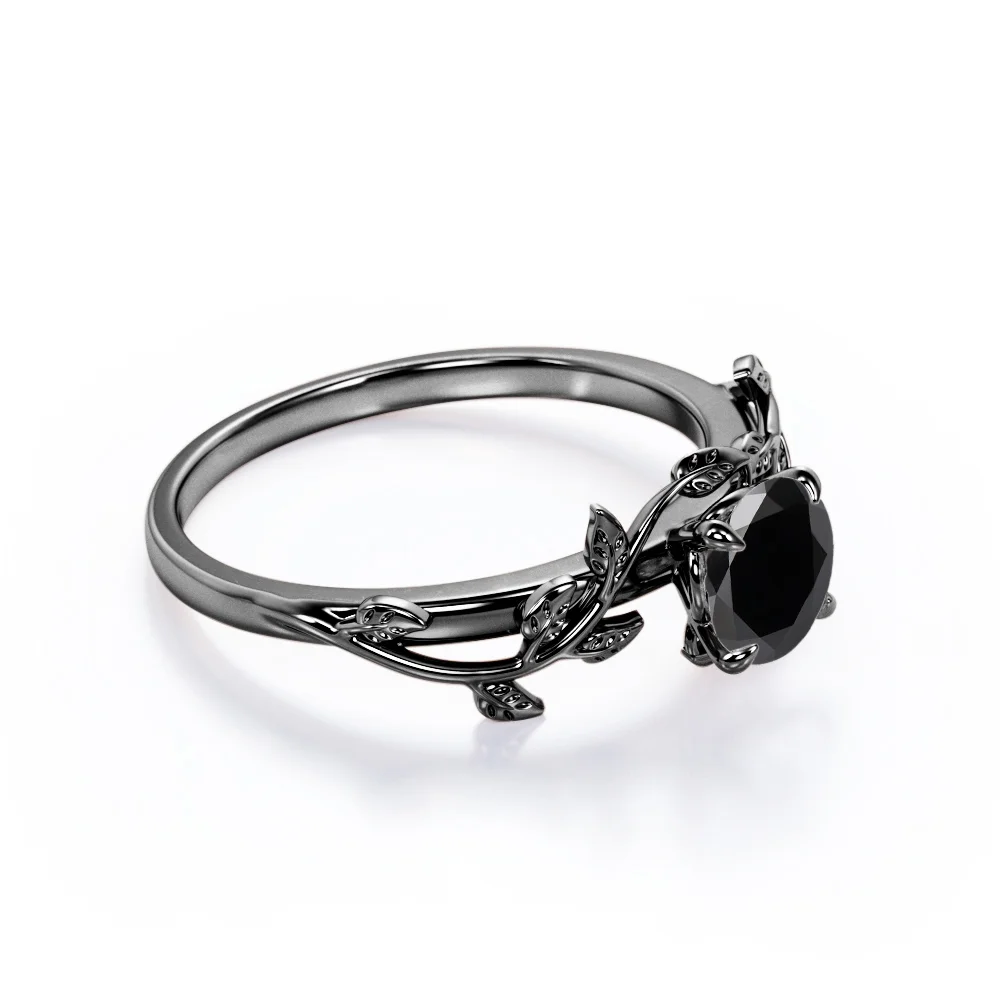 JeenMata 0.50 Carat - Round Cut Lab Created Black Diamond Ring - Leaf & Vine Engagement Ring - 18K Black Gold Plating Over Silver