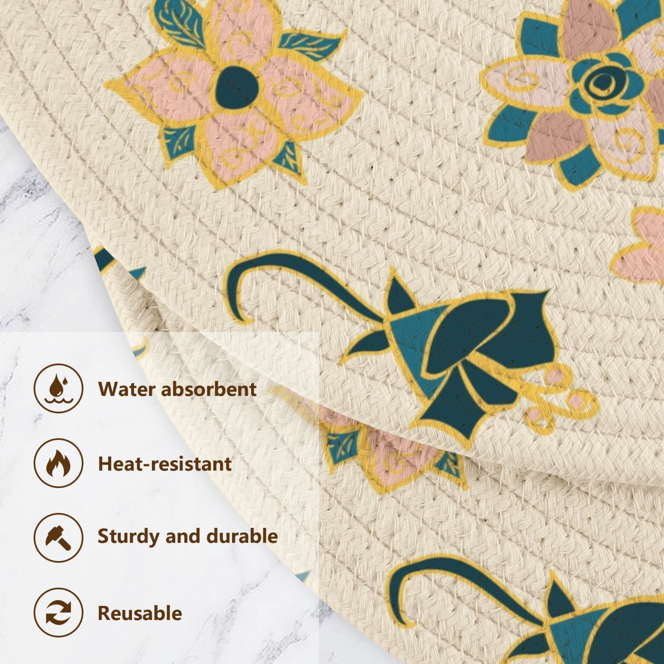 Pink Navy and Gold Flowers 3 PCs Pot Holders Trivets Kitchen 15