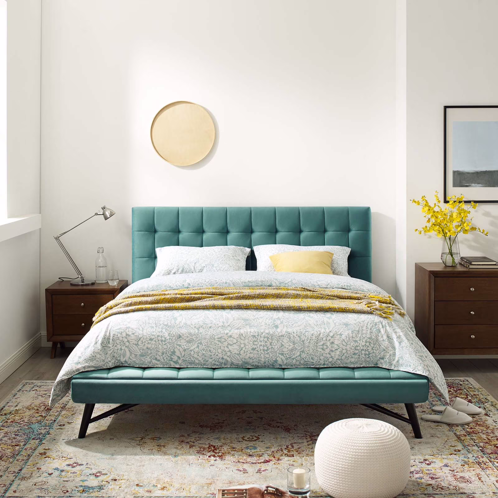 Modway Julia Queen Biscuit Tufted Performance Velvet Platform Bed in Teal