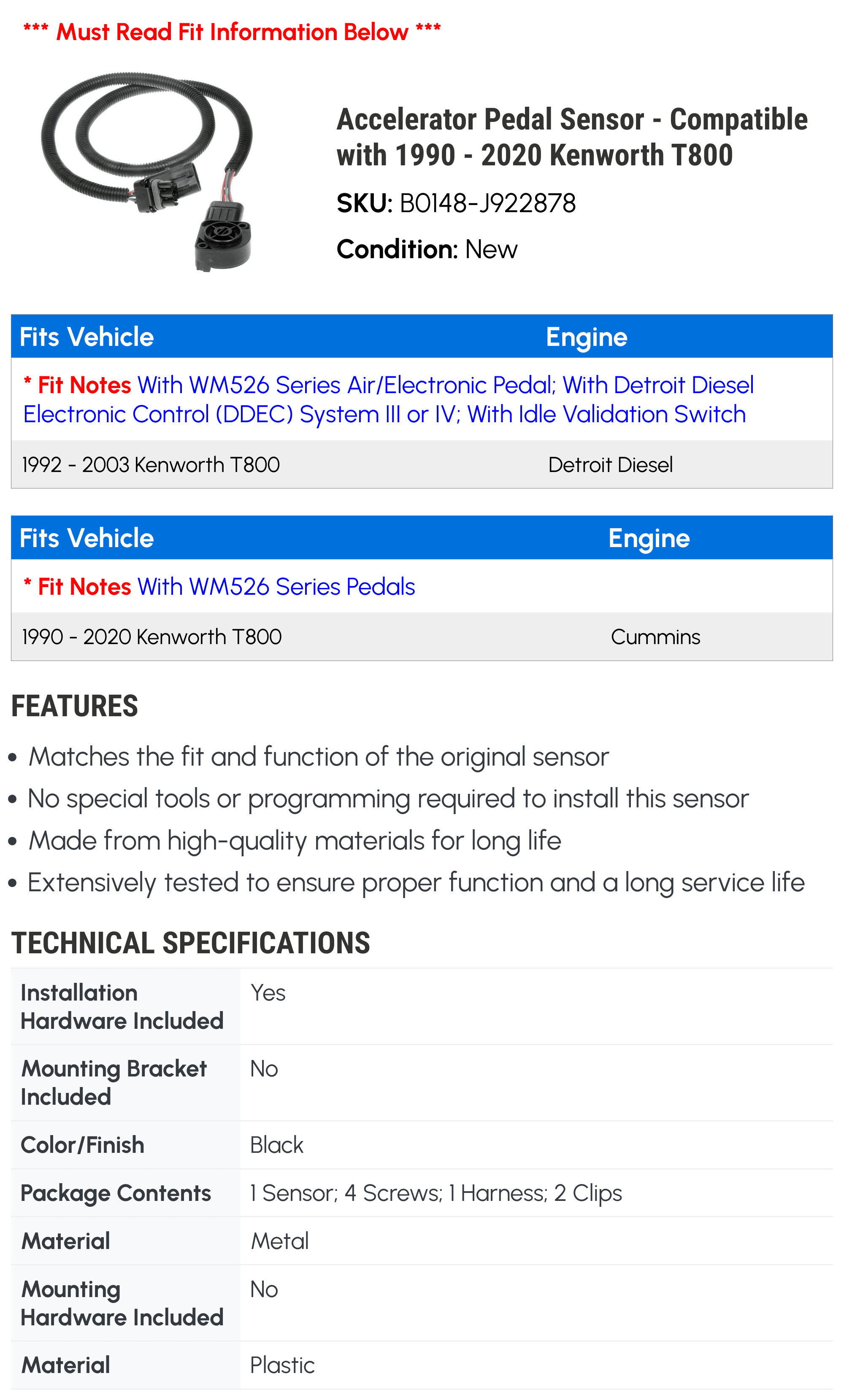 Accelerator Pedal Sensor - Compatible with 1990 - 2020 Kenworth T800 1991 1992 1993 1994 1995 1996 1997 1998 1999 2000 2001 2002 2003 2004 2005 2006 2007 2008 2009 2010 2011 2012 2013 2014 2015