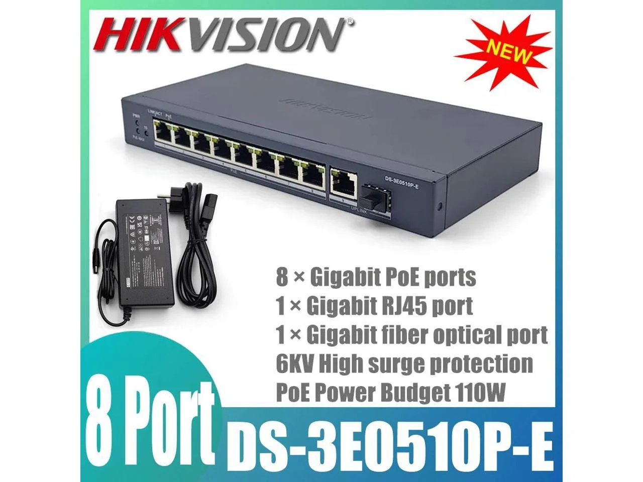 Original Hik Plug And Play 8 Port Gigabit Unmanaged POE Switch DS-3E0510P-E IEEE 802.3 af & at High PoE Power Supply With Plug