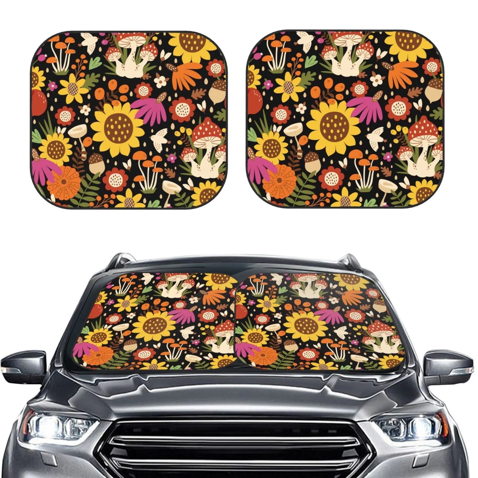 Lukts Sunflowers Mushrooms Print 2 Piece Car Sun Shade Windshield,Foldable Car Shade Front Windshield With Keeps Your Vehicle Cool, For Most Sedans Suv And Trucks - Small