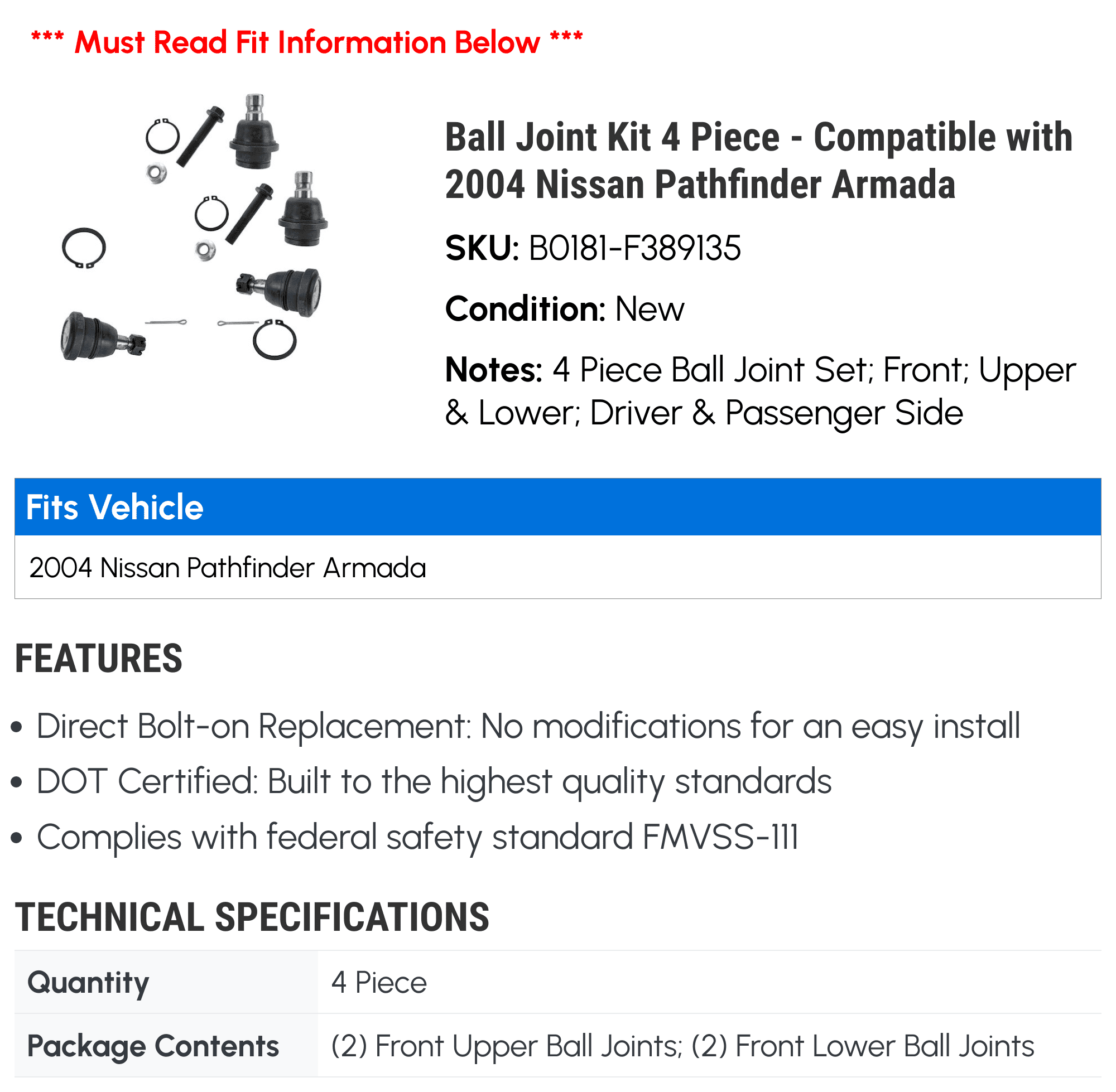 Ball Joint Kit 4 Piece - Compatible with 2004 Nissan Pathfinder Armada