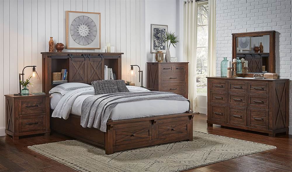 Storage Bed with Integrated Bench in Rustic Timber Finish (King: 96.25 in. L x 82.75 in. W x 60.25 in. H)