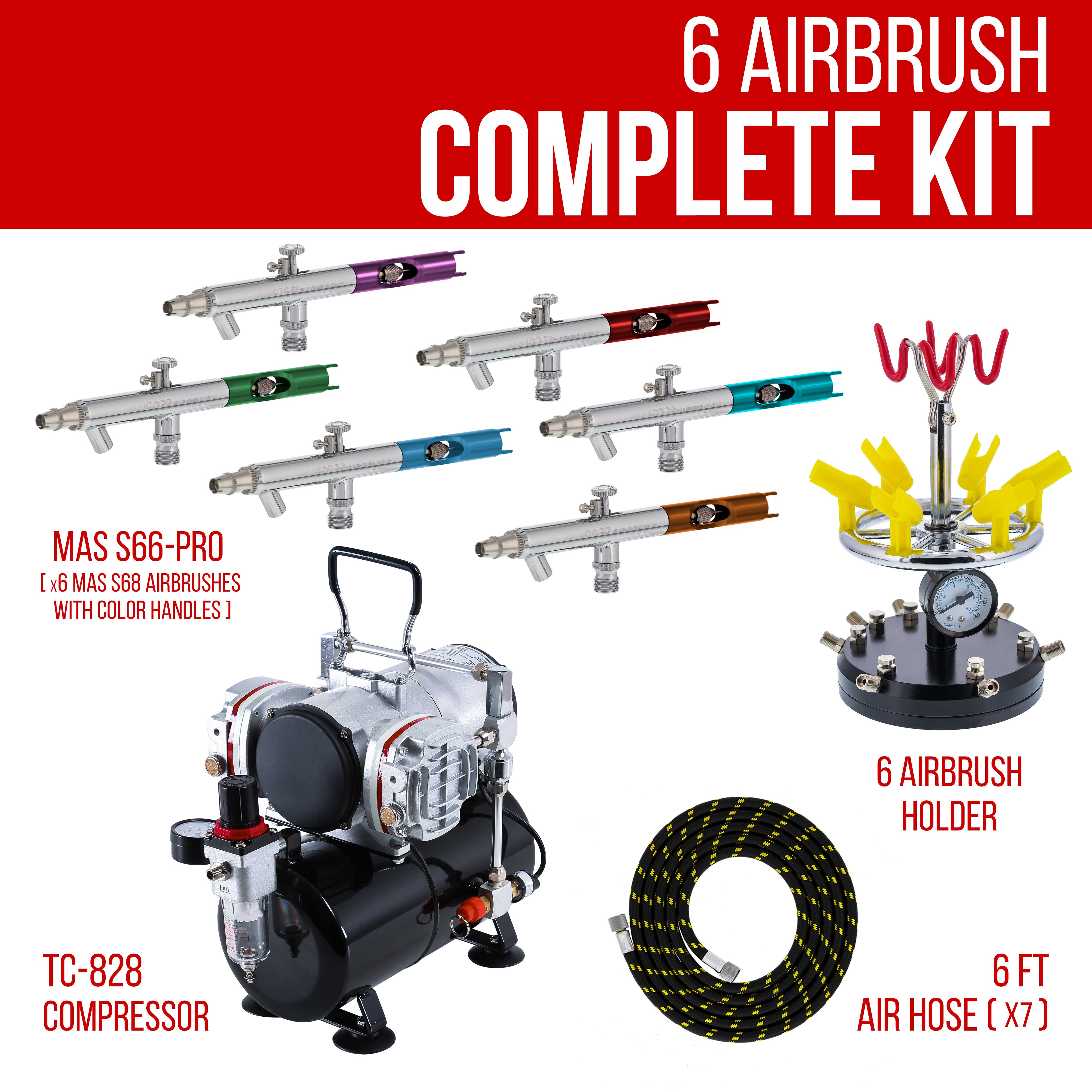 Pro 6 AIRBRUSH SET KIT w/ Twin Piston Air Compressor Holder Hobby T Shirt Tattoo