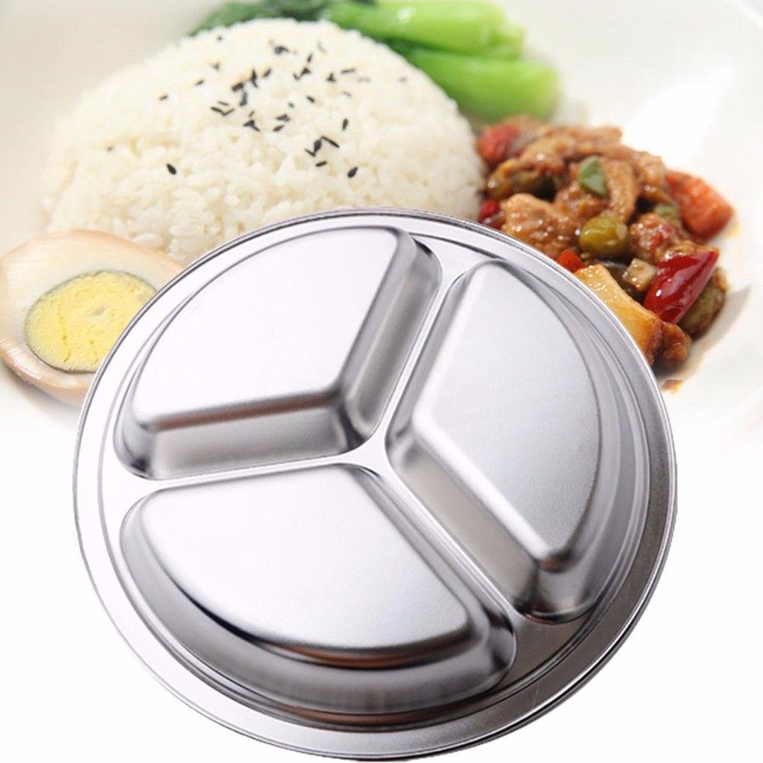 Stainless Steel 3 Sections Round Divided Dish Dia 22/24/26cm Snack Dinner Plate 26cm