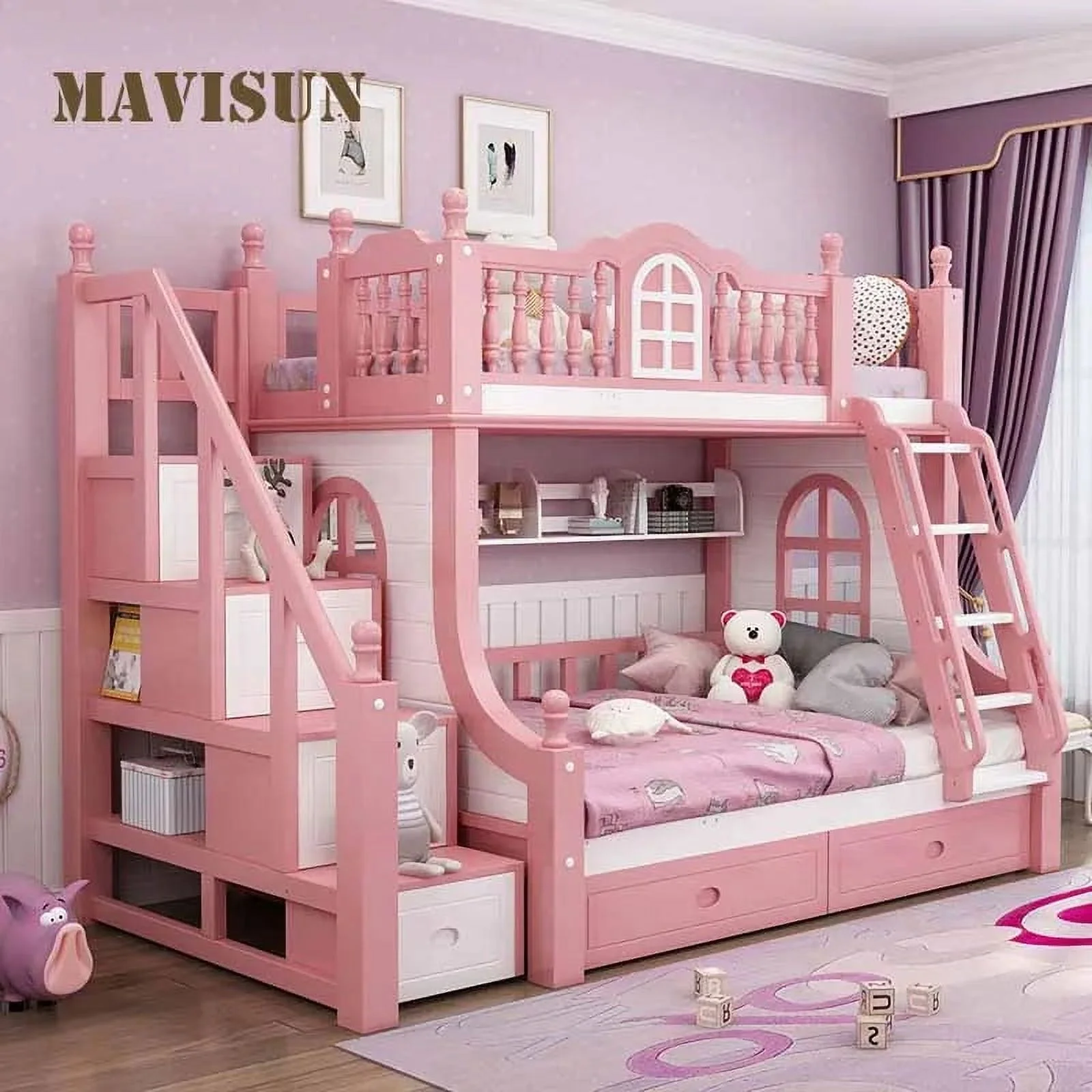 Nordic Style All Solid Wood Bunk Bed Slide Children Princess Up Down Kids Bed For Bedroom Bed Design Multifunctional Furniture