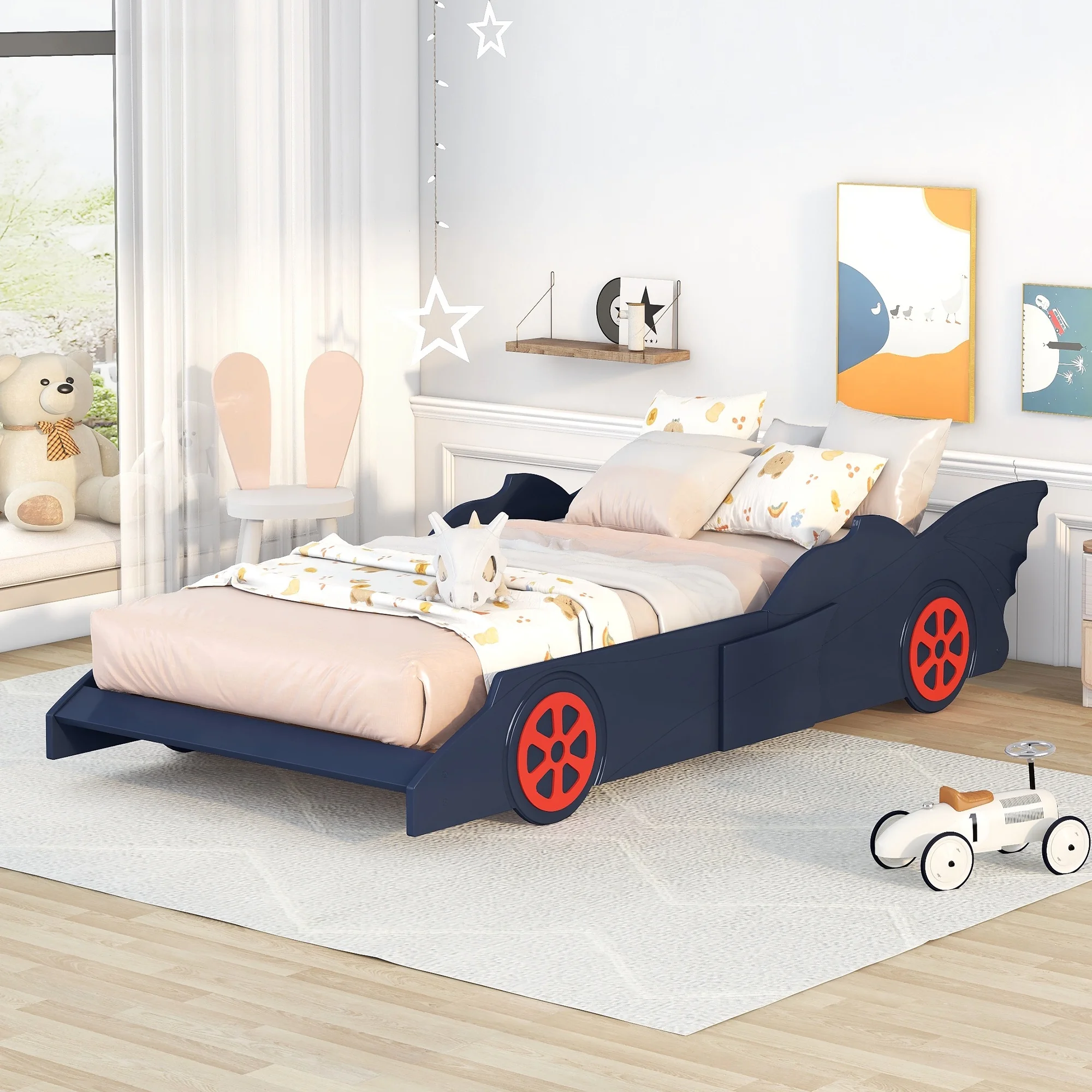 HSUNNS Twin Size Kids Bed for Boys Girls Toddlers, Wood Race Car-Shaped Platform Bed with 2 Sides Safety Rails and Wheels for Kids' Room Bedroom, Sofa Bed Floor Bed, Black and Red