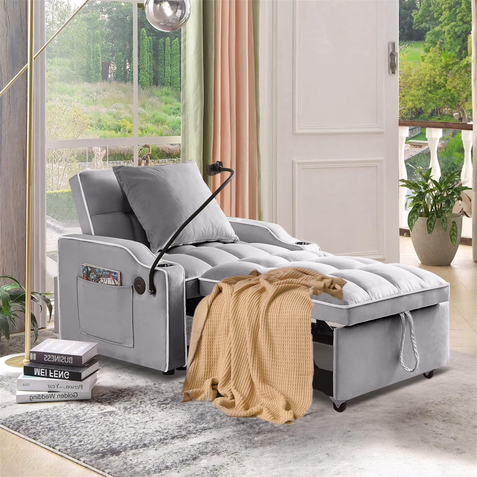 Aukfa Sleeper Chair Bed, Convertible Pull Out Sofa Bed with USB Port, Cup Holders and Swivel Phone Holder, Gray