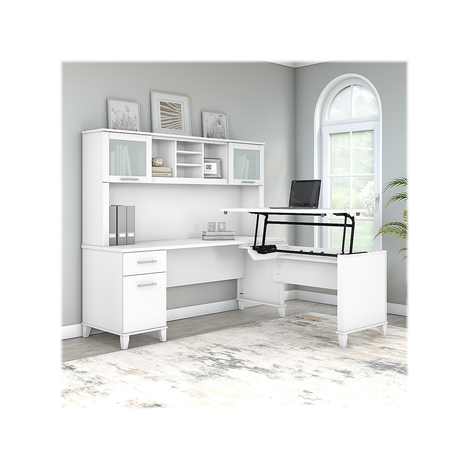Somerset 72W Sit to Stand L Desk with Hutch in White - Engineered Wood