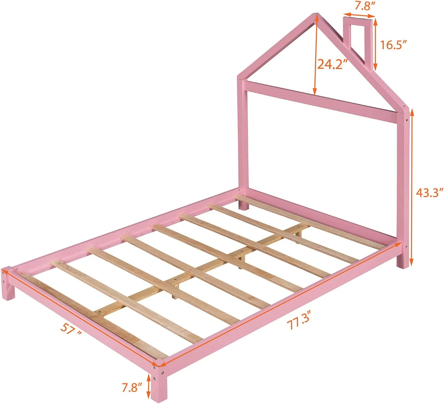 Full Bed Frame For Kids, Wood Plaform Bed Wih House Shape Headboard, Low Full Size Bed For Girls Boys, o Box Sprig eeded,