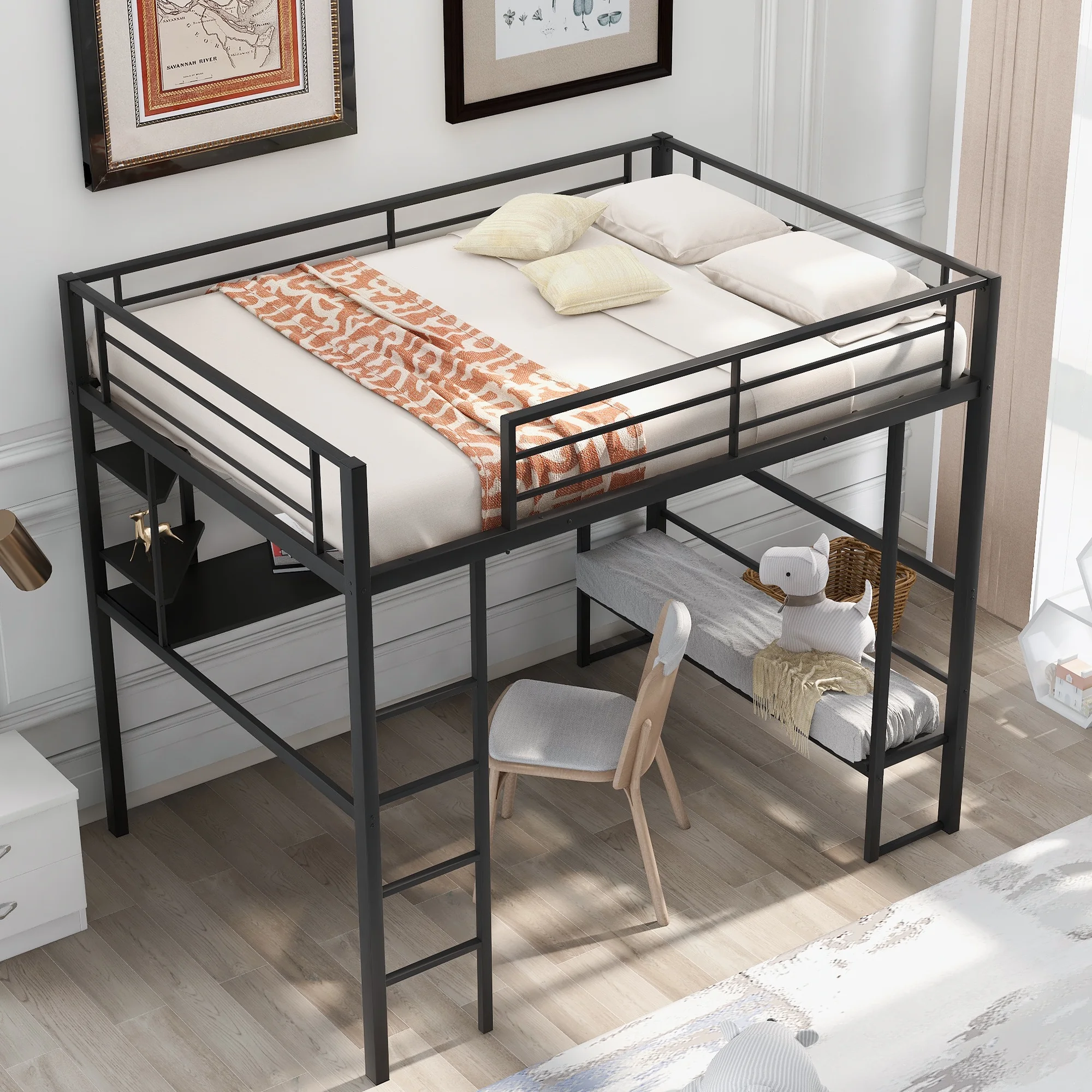 Metal Loft Bunk Bed Full Size Sturdy Frame with Long Desk Shelves and Ladder, Full Size Loft Metal Bed with Bookshelf and Desk